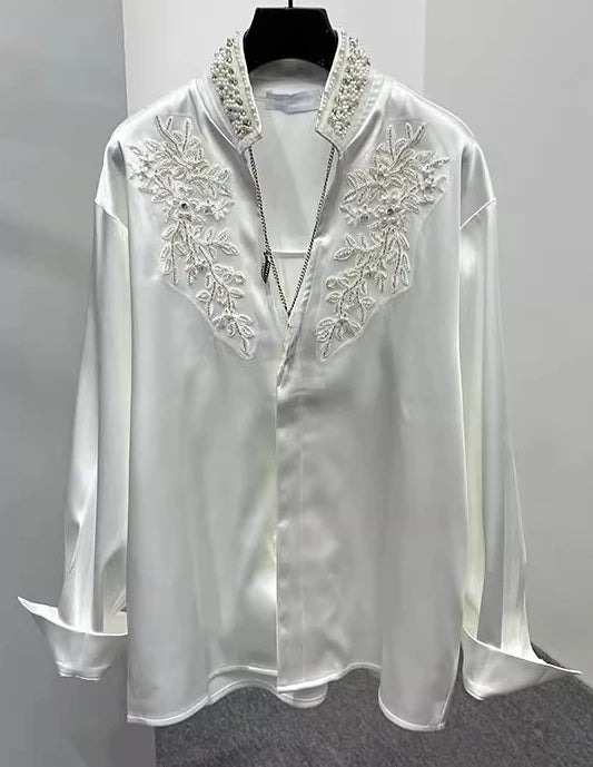 Men's 2025 Spring New Trendy Personality Pearl Rhinestone Stand Collar Top Male Pearl Satin V-neck Shirts Men's Niche Chic Shirt