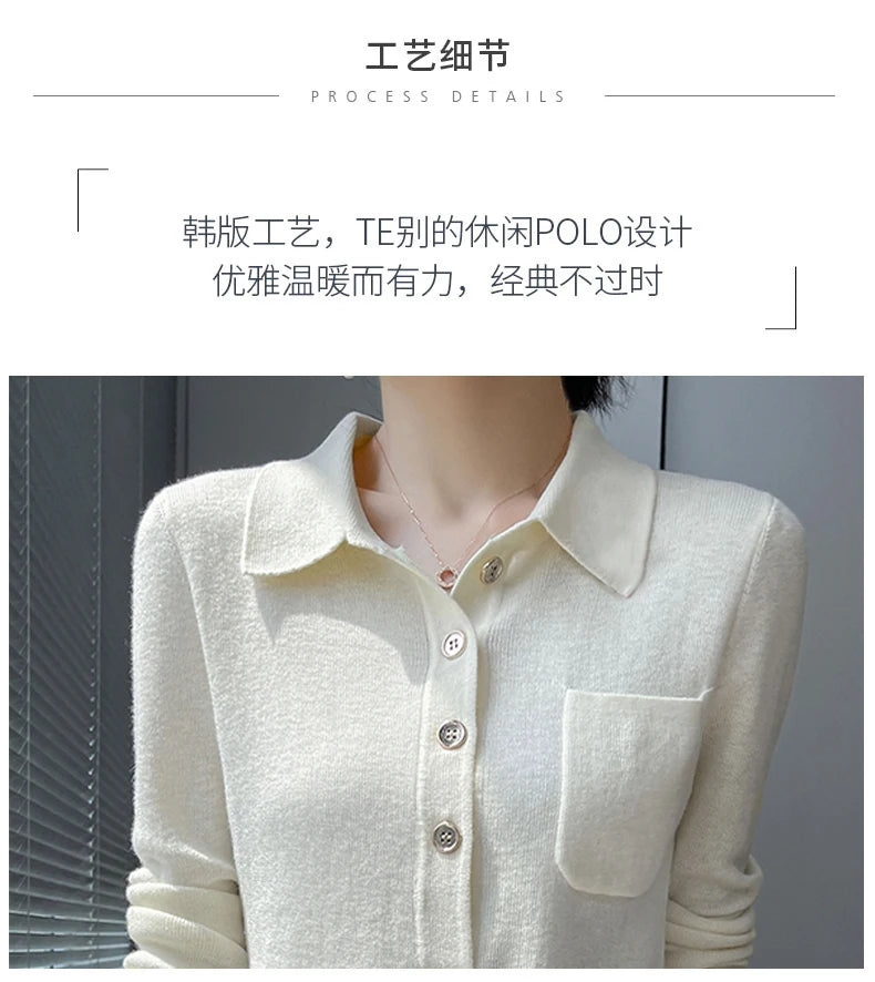 Women 100% Pure Merino Wool Soft Sweater Polo Collar Pullover Autumn Winter Casual Knit Tops Solid Color Regular Female Knitwear