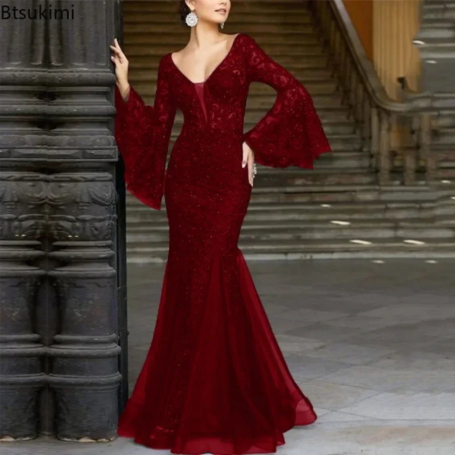 New 2025 Women's Sexy V Neck Long Flare Sleeve Wedding Party Dresses  Female Evening Elegant Night Club Prom Long Maxi Dresses