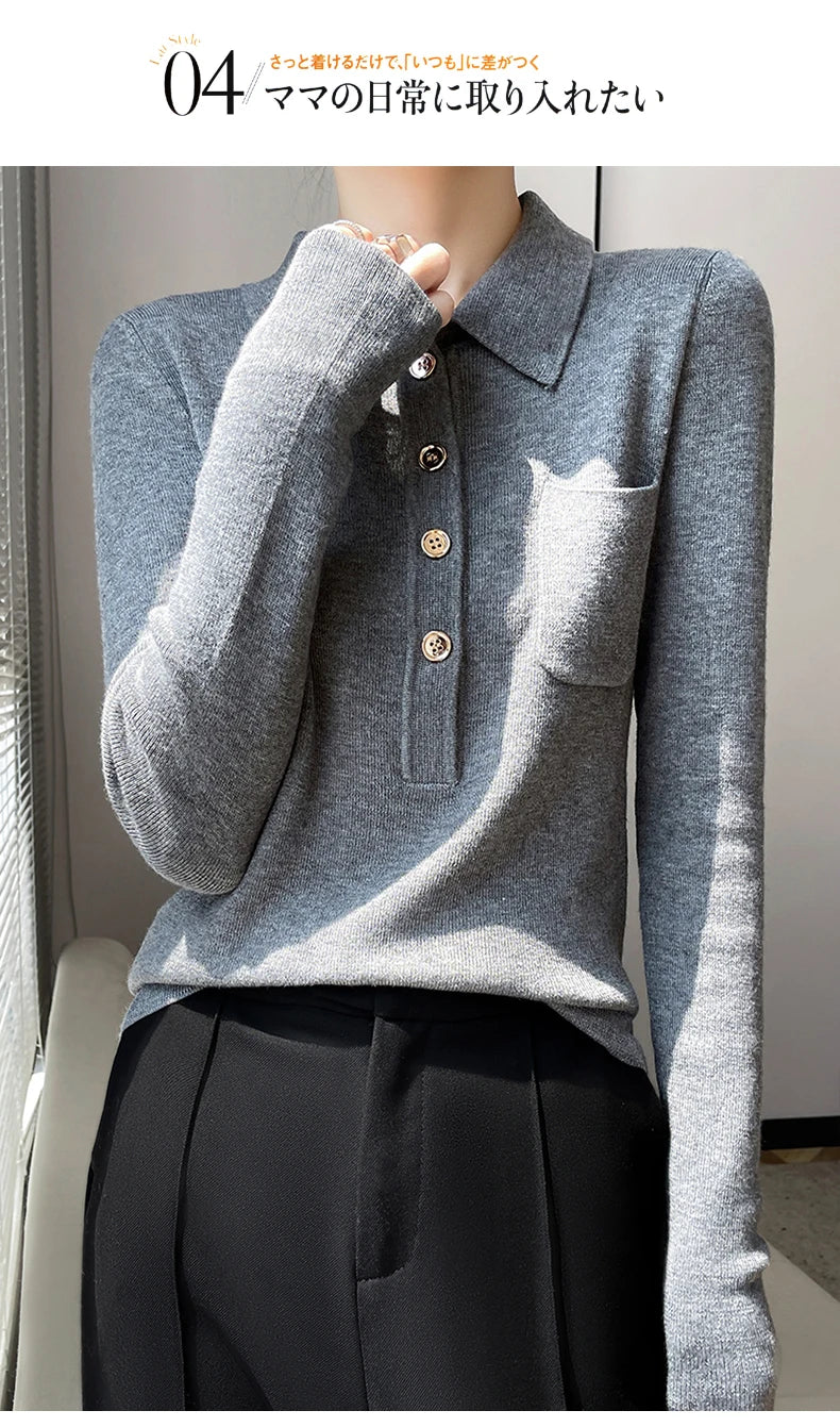 Women 100% Pure Merino Wool Soft Sweater Polo Collar Pullover Autumn Winter Casual Knit Tops Solid Color Regular Female Knitwear