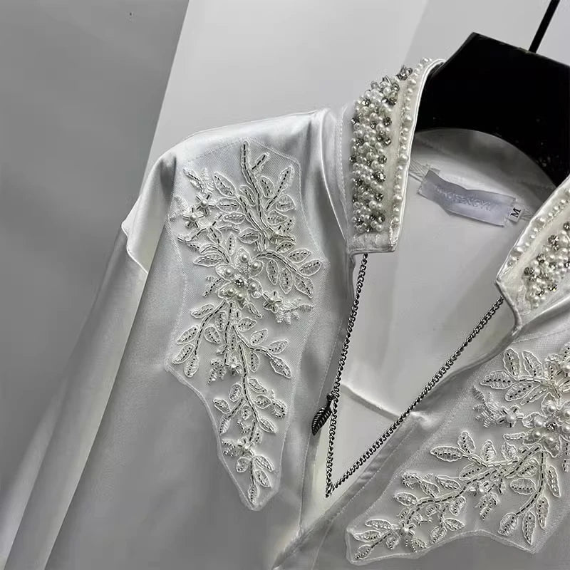 Men's 2025 Spring New Trendy Personality Pearl Rhinestone Stand Collar Top Male Pearl Satin V-neck Shirts Men's Niche Chic Shirt