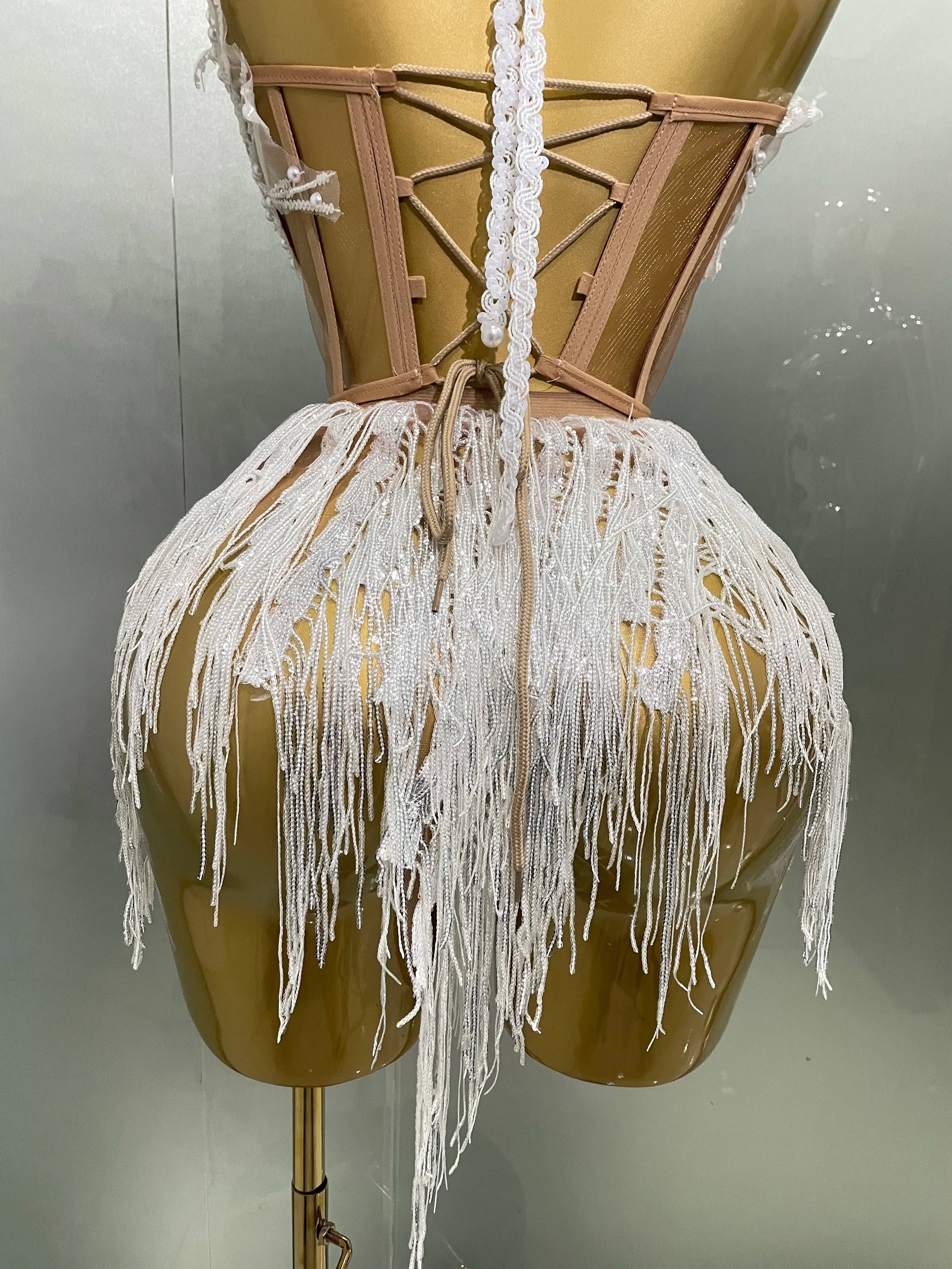 2025 Sexy Pearl Sequins Tassel Sleeveless Glitter Mini Dress Women Singer Bar Nightclub Stage Performance Clothing Show Outfit