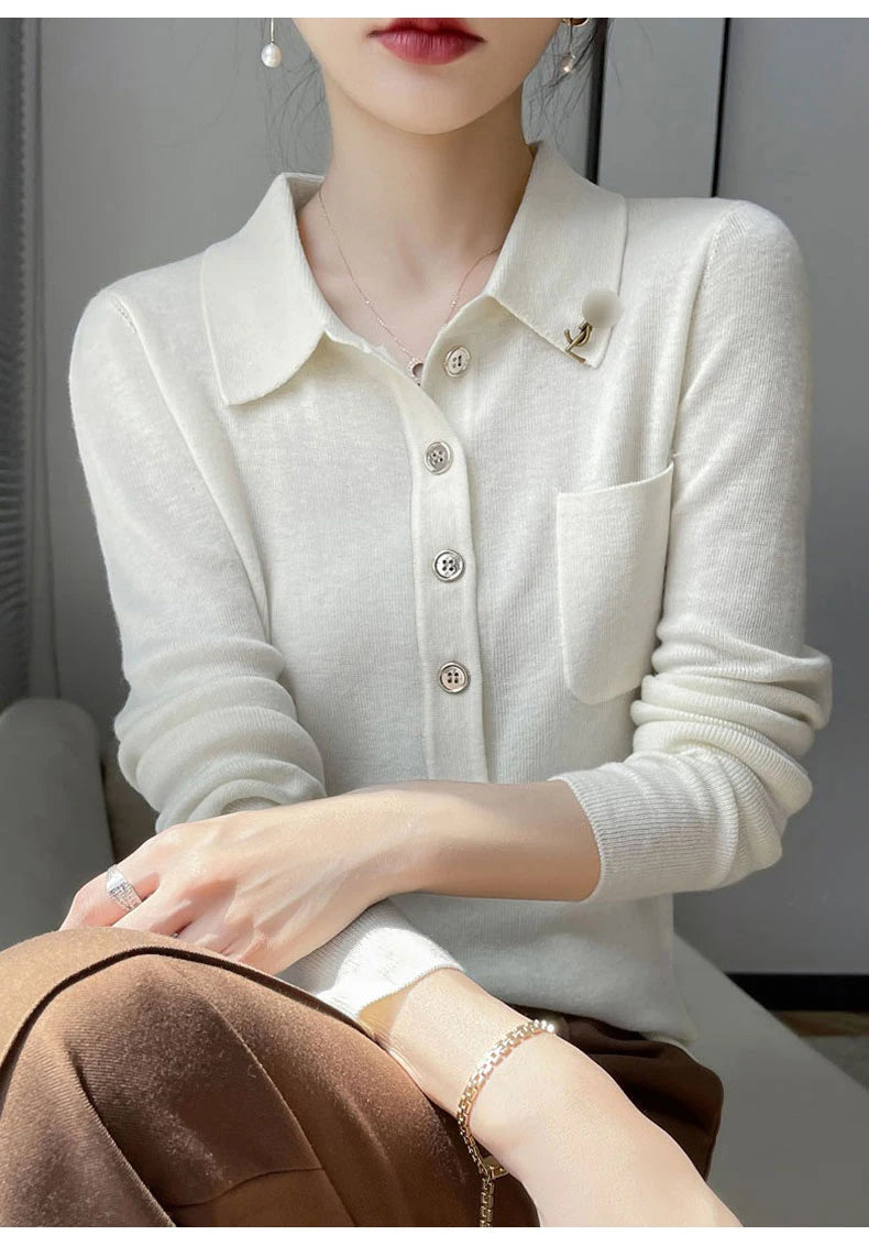 Women 100% Pure Merino Wool Soft Sweater Polo Collar Pullover Autumn Winter Casual Knit Tops Solid Color Regular Female Knitwear