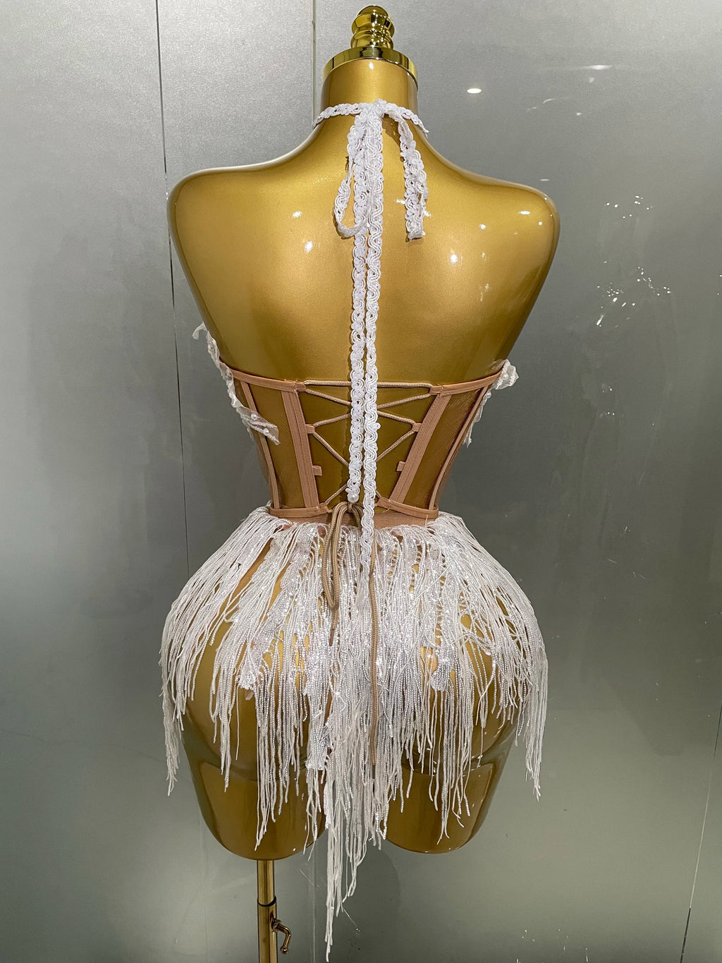 2025 Sexy Pearl Sequins Tassel Sleeveless Glitter Mini Dress Women Singer Bar Nightclub Stage Performance Clothing Show Outfit