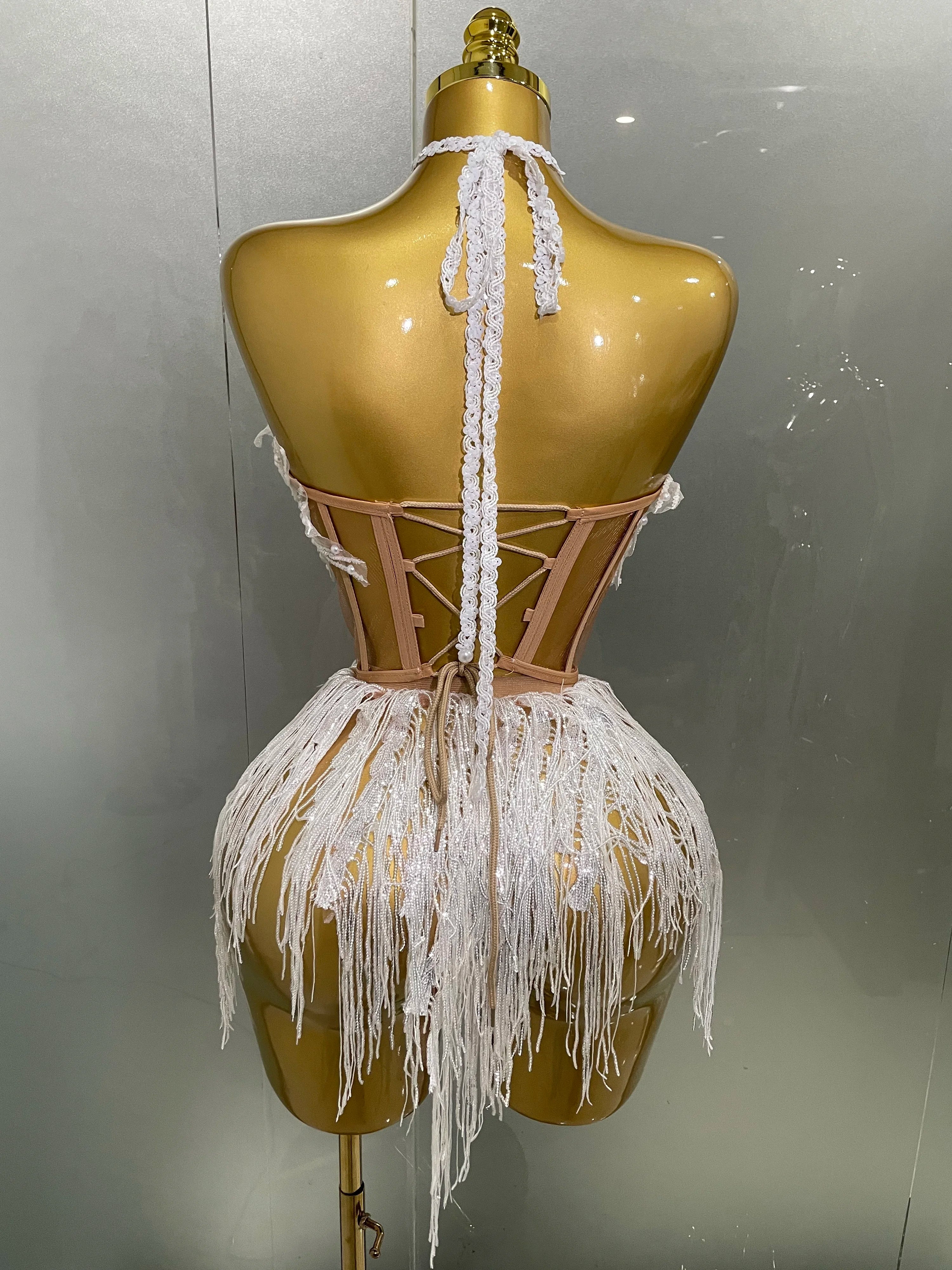 2025 Sexy Pearl Sequins Tassel Sleeveless Glitter Mini Dress Women Singer Bar Nightclub Stage Performance Clothing Show Outfit