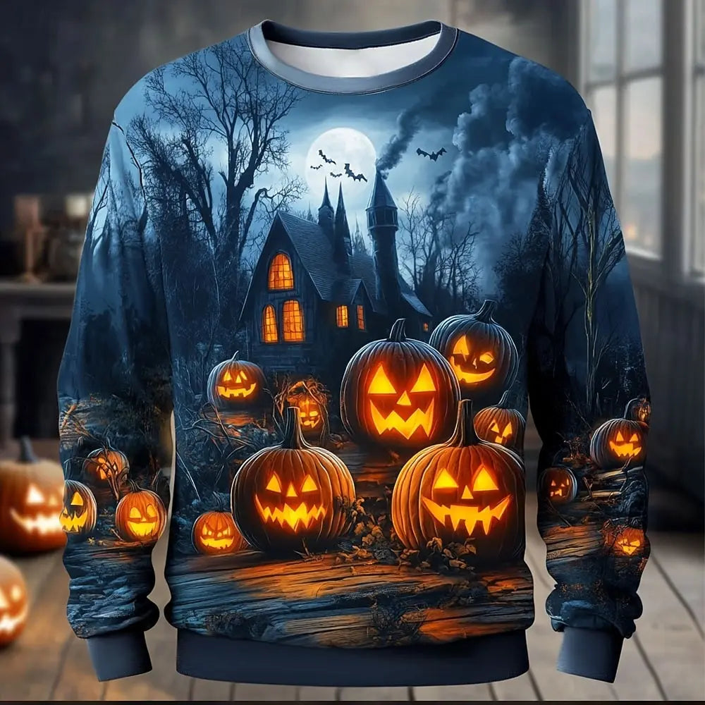 Halloween Theme Pumpkin Cemetery Men's Casual Hoodies Sweatshirts Fall Winter Crew Neck Pullover Long Sleeve Trendy Streetwear