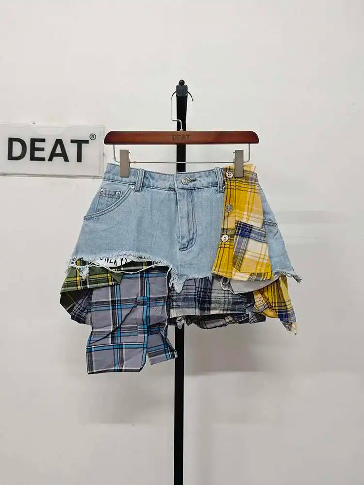 DEAT Women's Denim Skirt Colored Plaid Patchwork Irregular Deconstructed A-line High Waist Mini Skirt 2025 Summer New Fashion