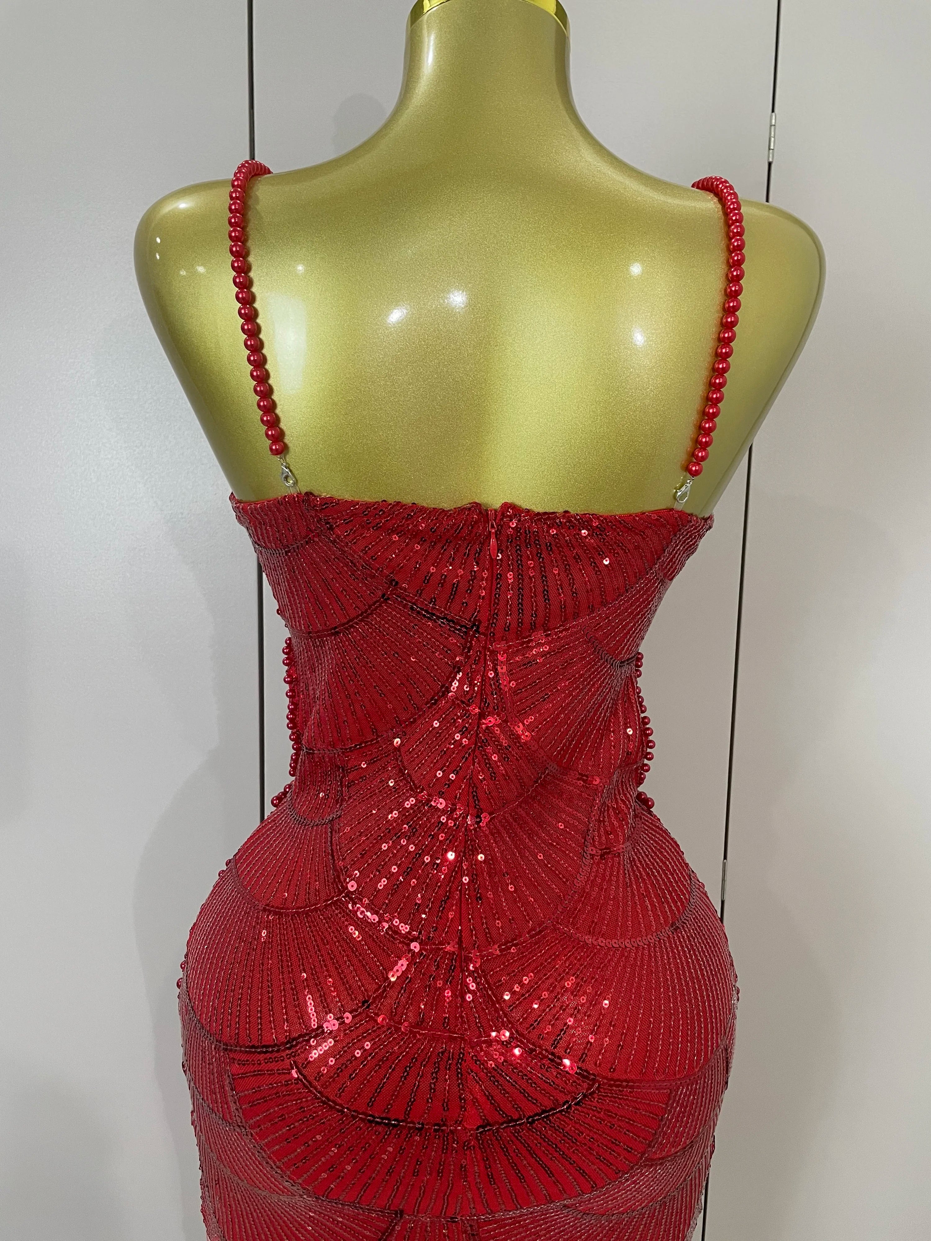 Women Hot Sale Sleeveless Sexy Strap Pearl Beading Sequins Bodycon Long Dress Celebrate Evening Party Birthday Outfit Vestido