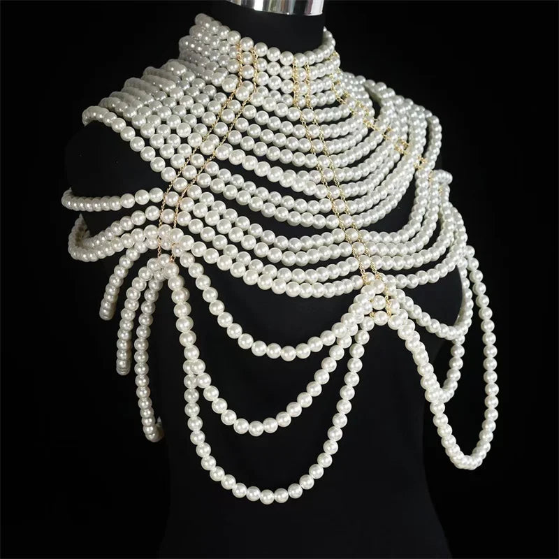 Sexy Women's Pearl Body Chains Bra Shawl Fashion Adjustable Size Shoulder Necklaces Tops Chain Wedding Dress Pearls Body Jewelry