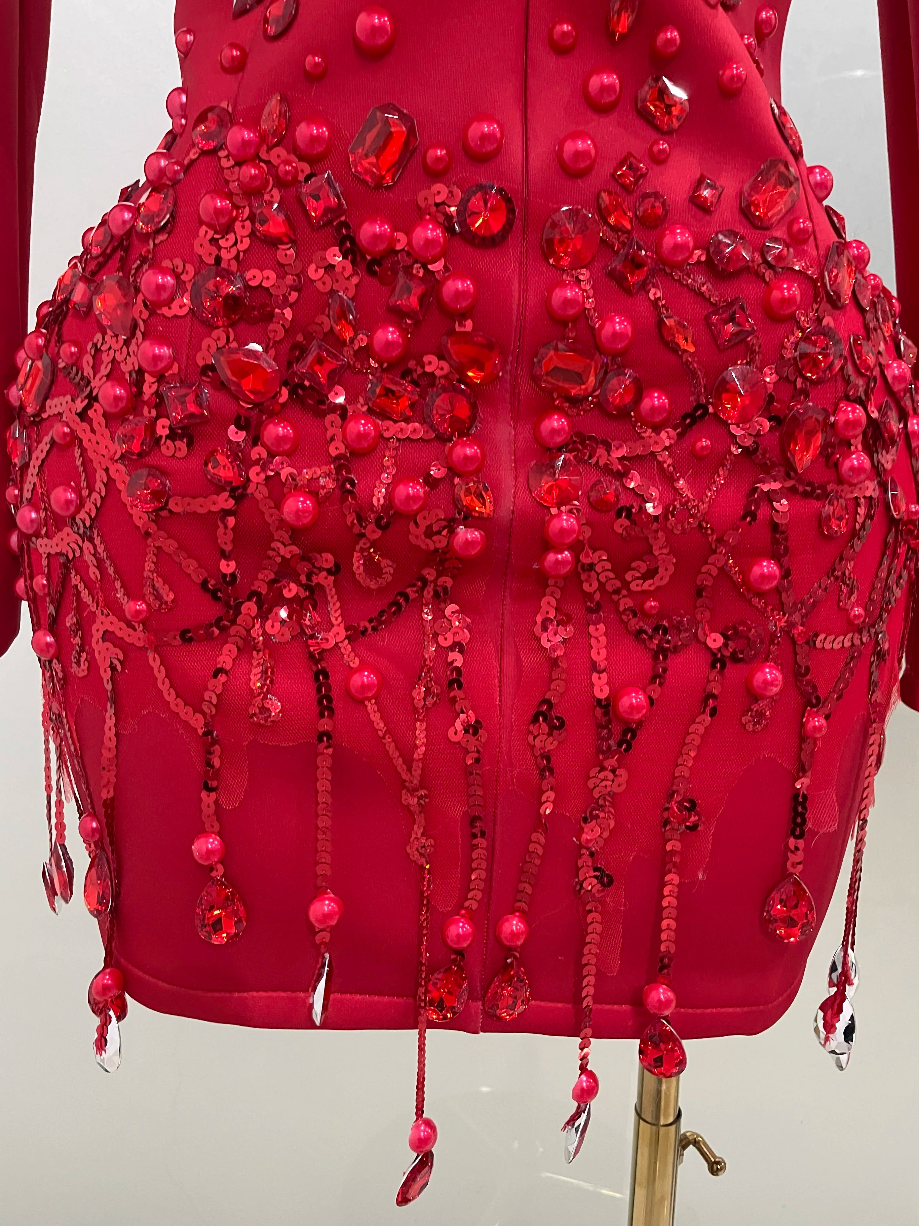 Sparkly Crystal Chains Pearls Long Sleeve Mini Dress 2025 Women Birthday Evening Party Nightclub Outfit Singer Wedding Costume