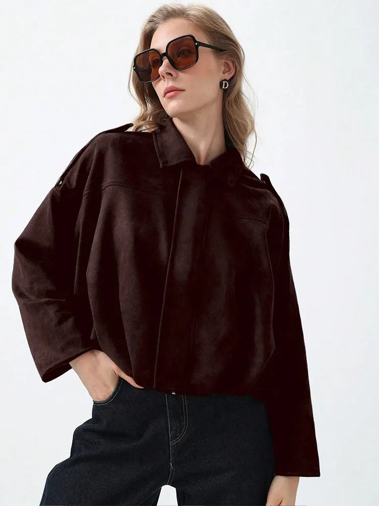 HH Women Vintage Coffee Brown Suede Coat Loose Casual Long Sleeve Zipper Jacket Autumn Fashion Lady High Street Outerwear