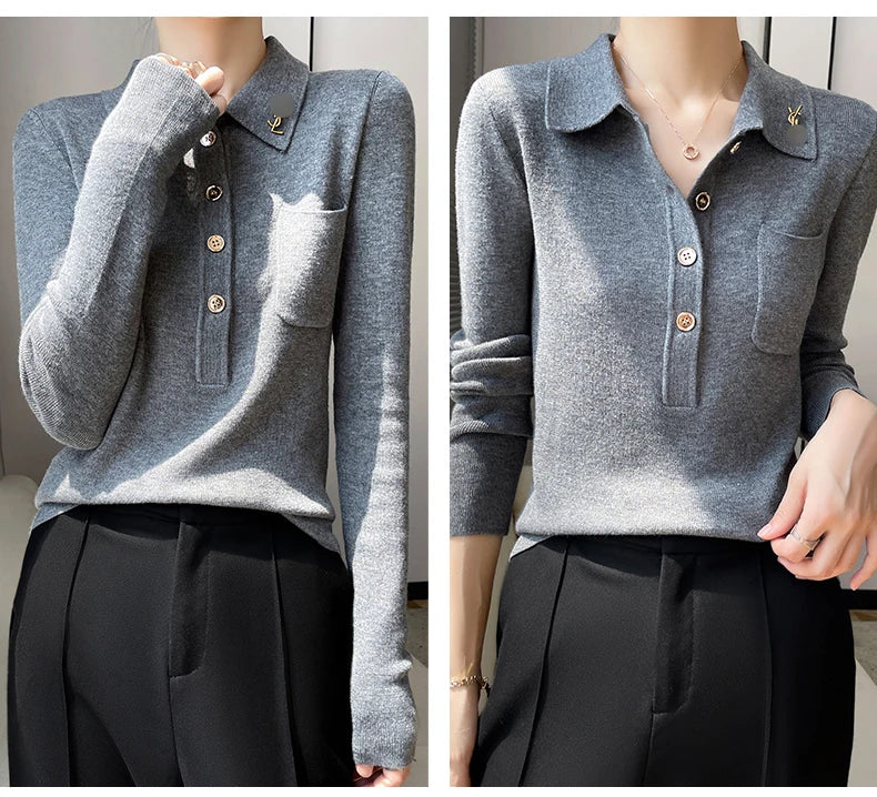 Women 100% Pure Merino Wool Soft Sweater Polo Collar Pullover Autumn Winter Casual Knit Tops Solid Color Regular Female Knitwear