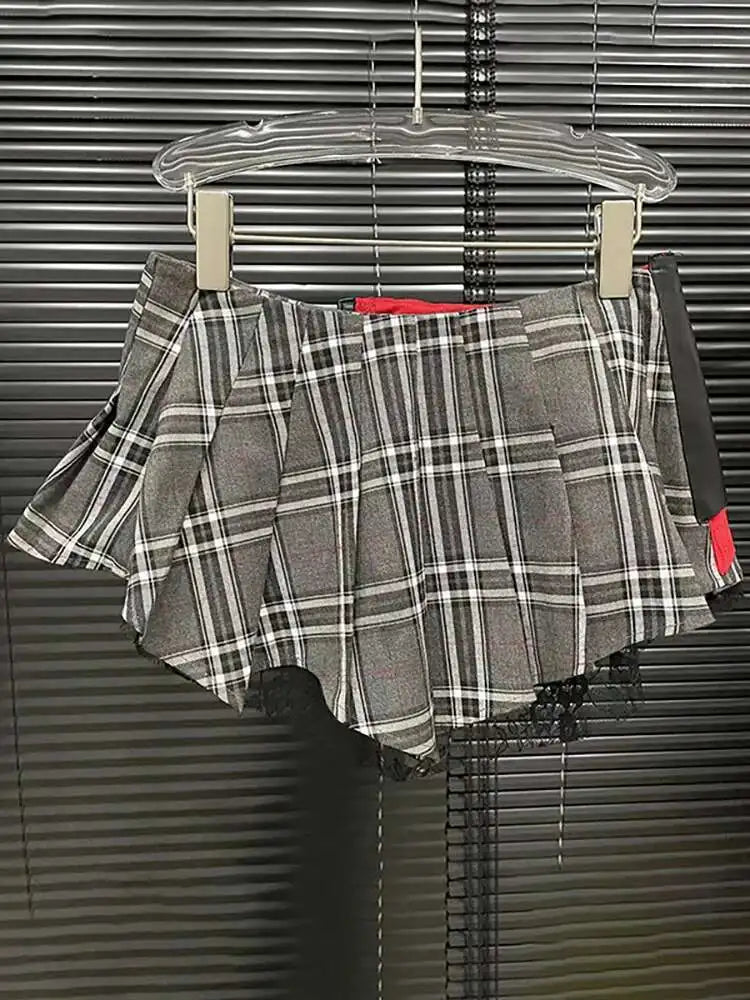 DEAT Women's Denim Skirt High Waist Pu Leather Patchwork Plaid Irregular Wrap Hip Mini Skirts 2025 Summer New Fashion 29L7565