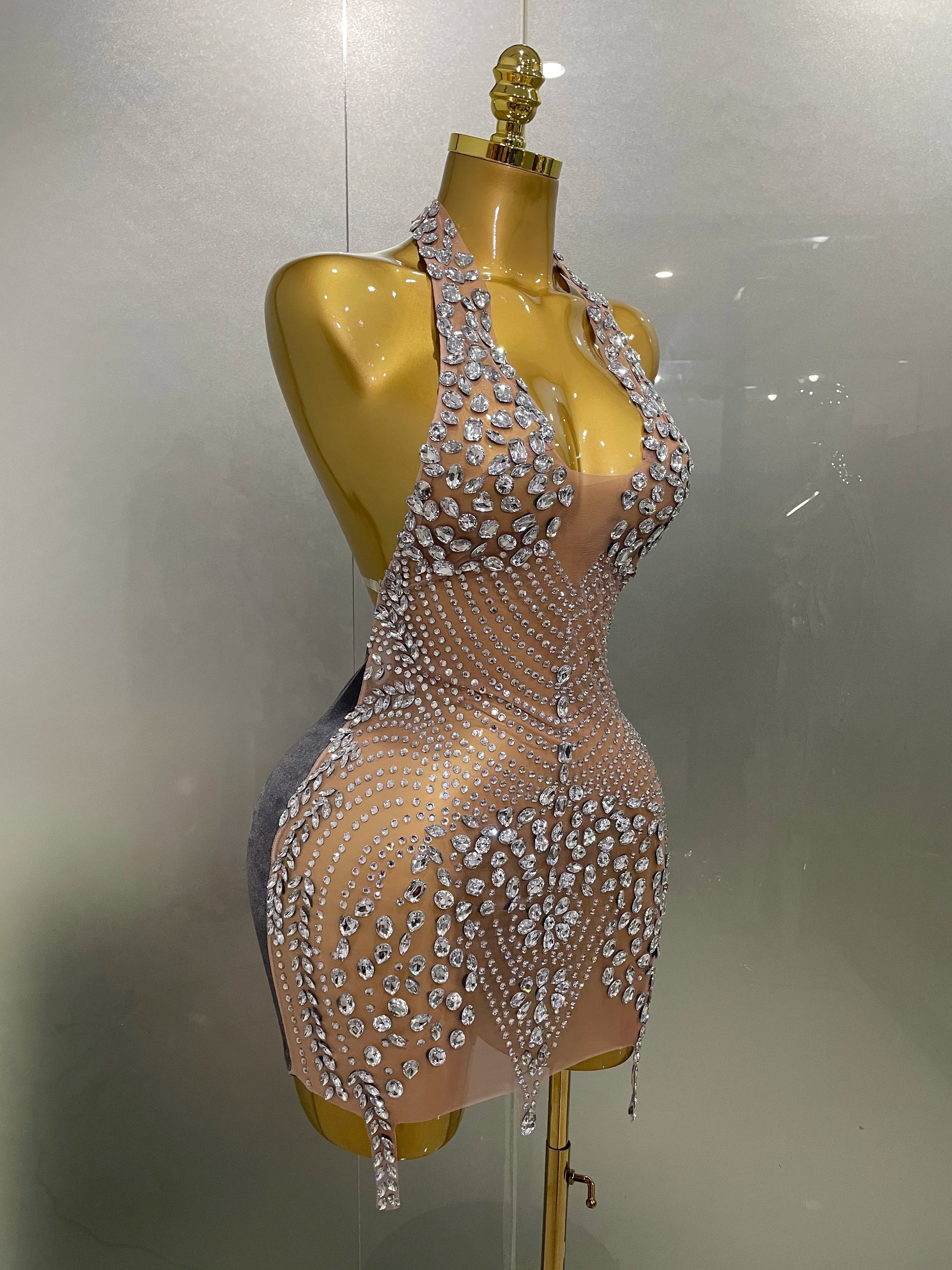 2025 New Sexy Sparkly Rhinestones Halter Backless Mesh Velour Short Dress Women Evening Prom Celebrate Birthday Party Stage Wear