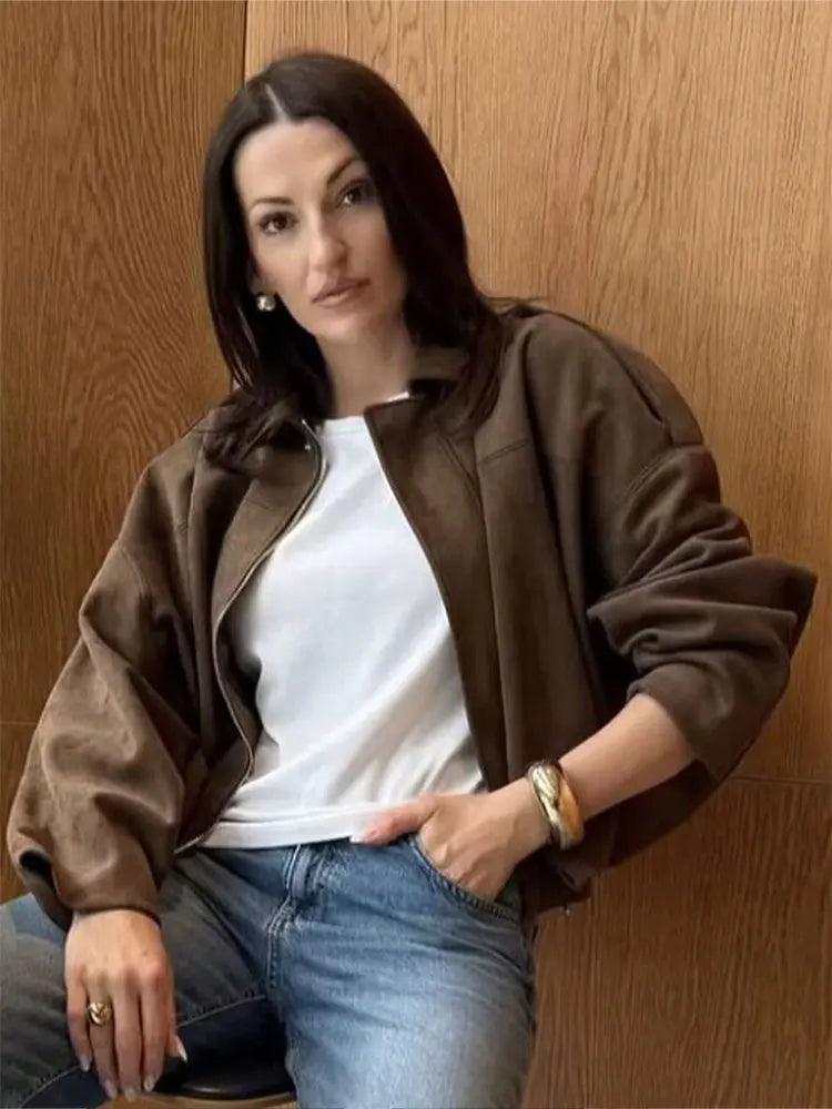 HH Women Vintage Coffee Brown Suede Coat Loose Casual Long Sleeve Zipper Jacket Autumn Fashion Lady High Street Outerwear