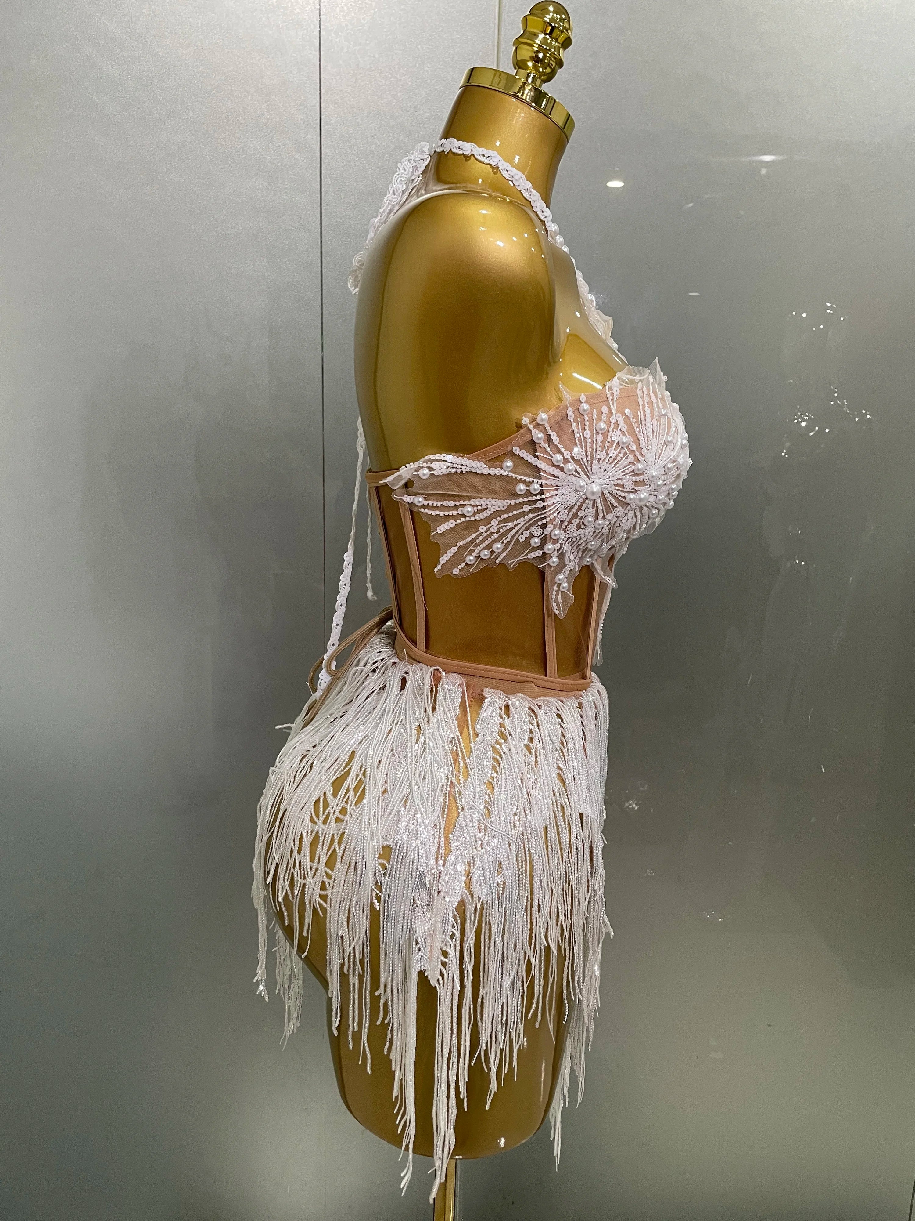 2025 Sexy Pearl Sequins Tassel Sleeveless Glitter Mini Dress Women Singer Bar Nightclub Stage Performance Clothing Show Outfit