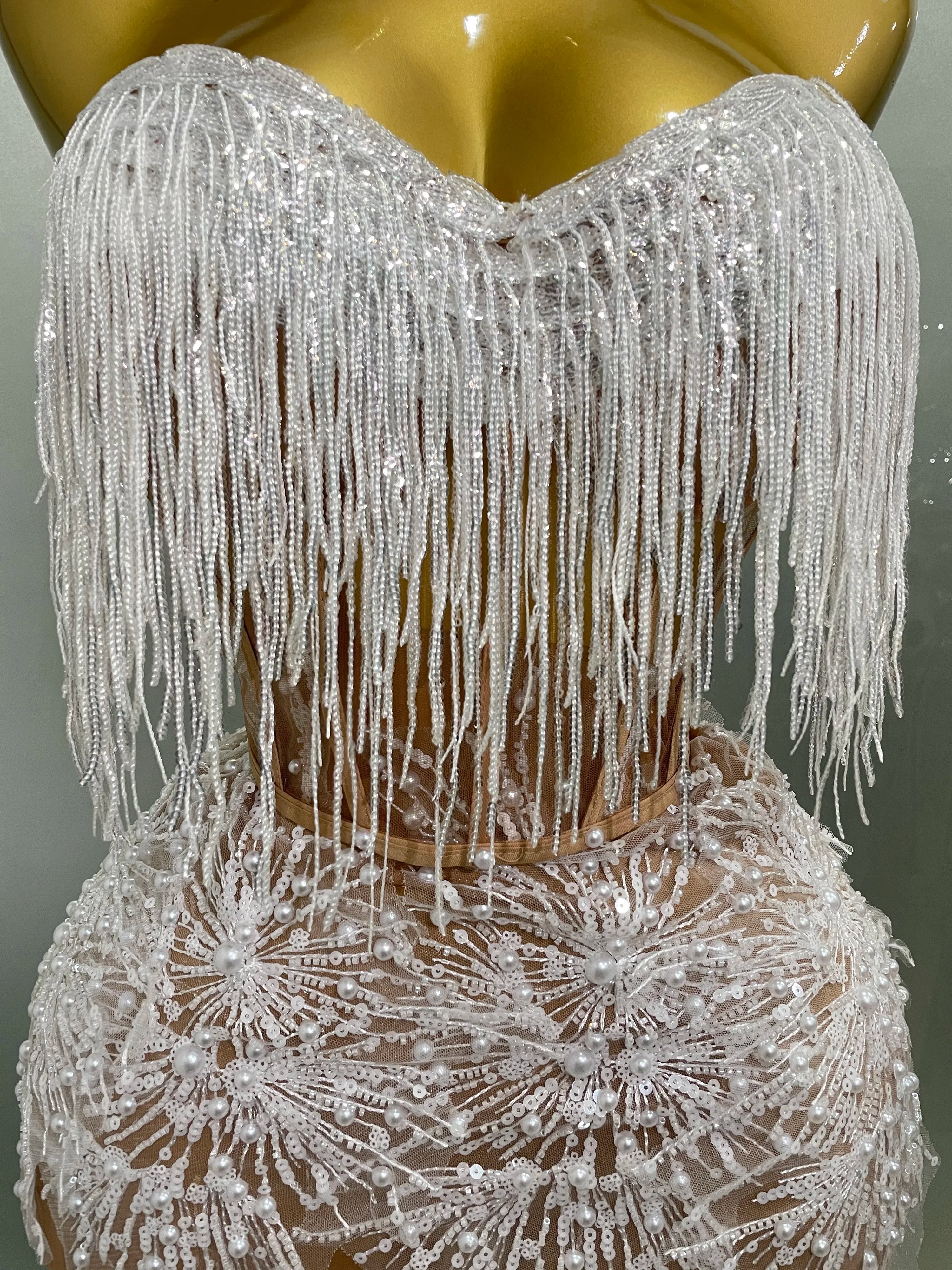 2025 Sexy Pearl Sequins Tassel Sleeveless Glitter Mini Dress Women Singer Bar Nightclub Stage Performance Clothing Show Outfit