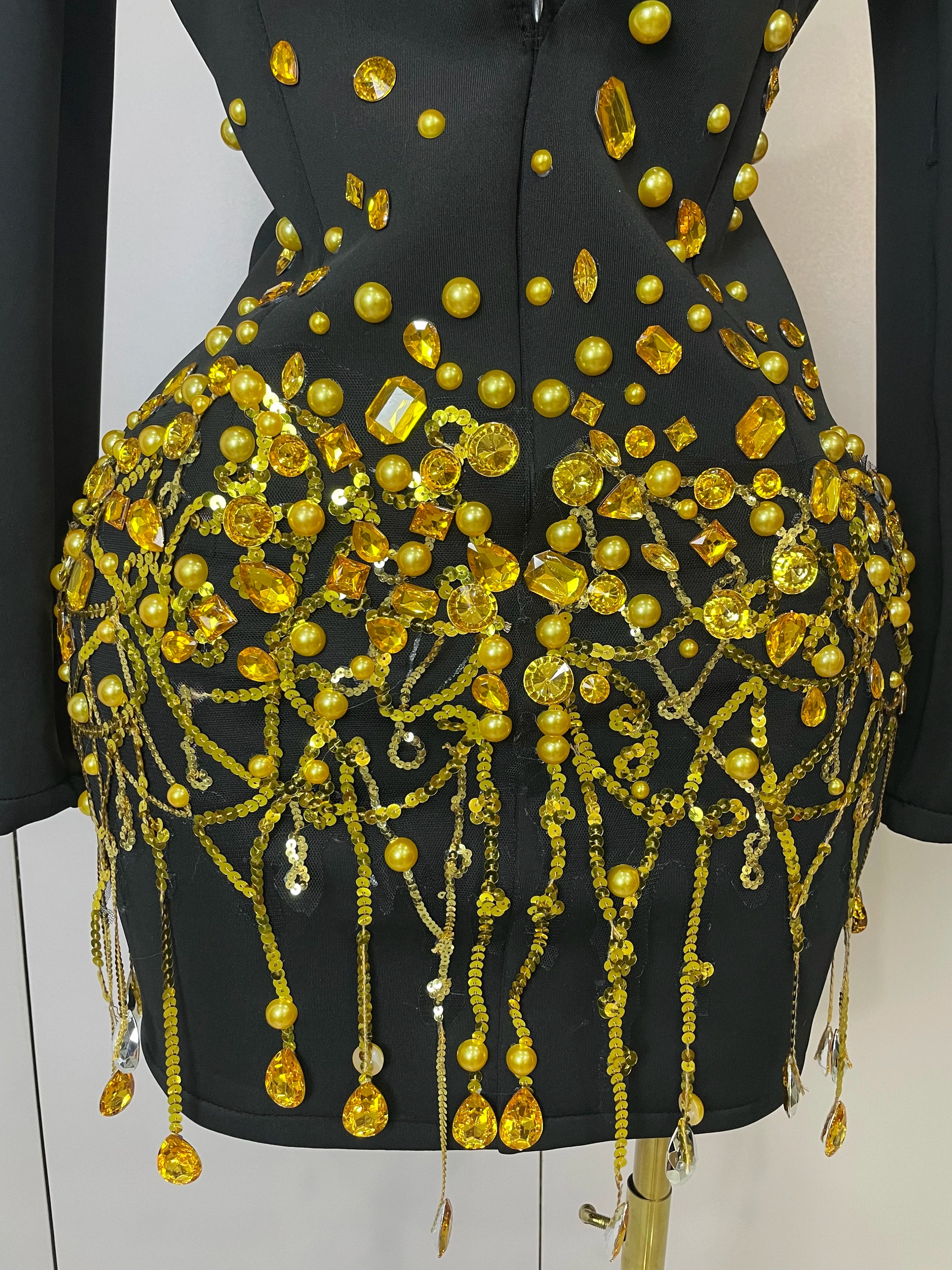 Sparkly Crystal Chains Pearls Long Sleeve Mini Dress 2025 Women Birthday Evening Party Nightclub Outfit Singer Wedding Costume