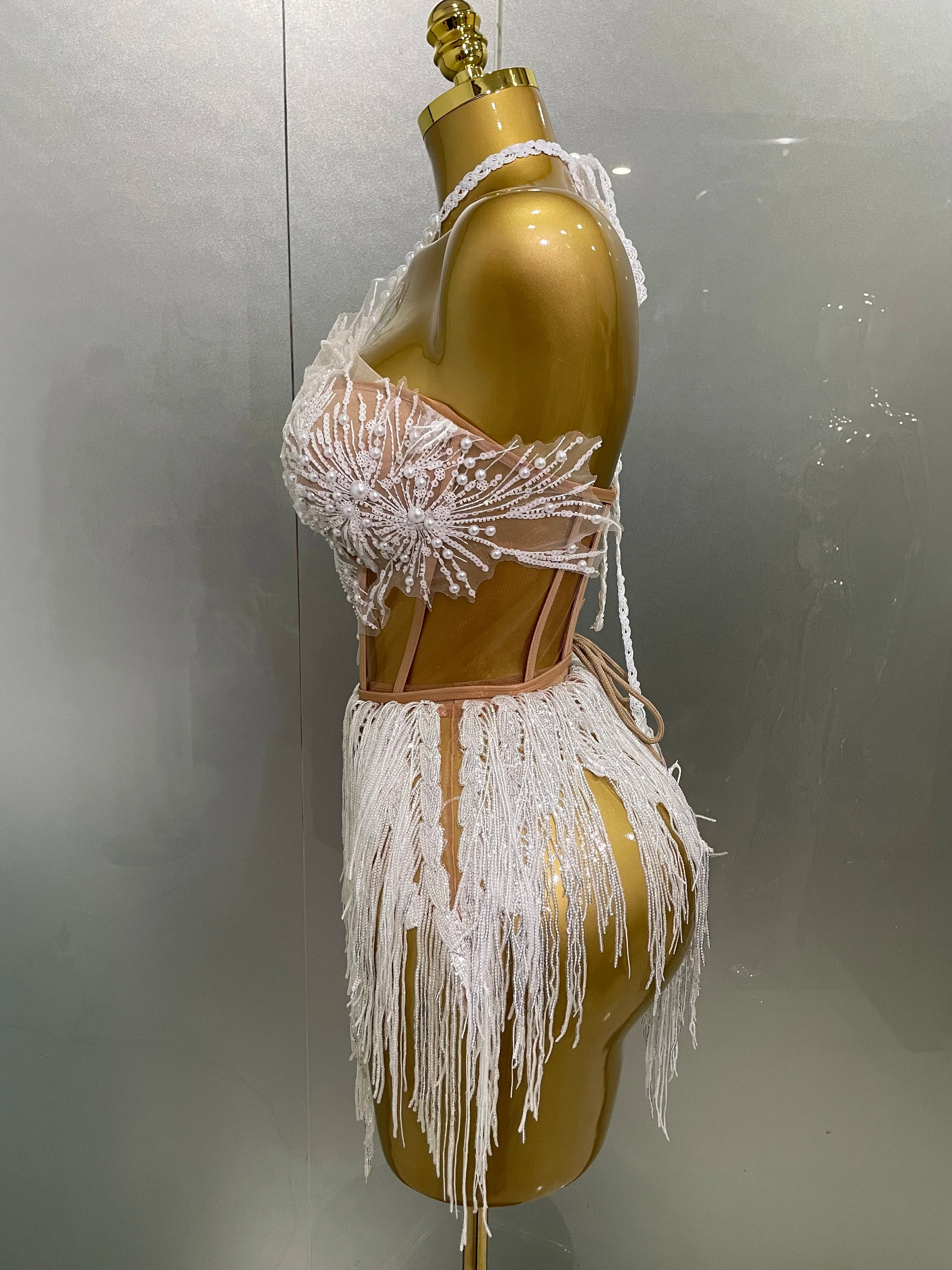 2025 Sexy Pearl Sequins Tassel Sleeveless Glitter Mini Dress Women Singer Bar Nightclub Stage Performance Clothing Show Outfit