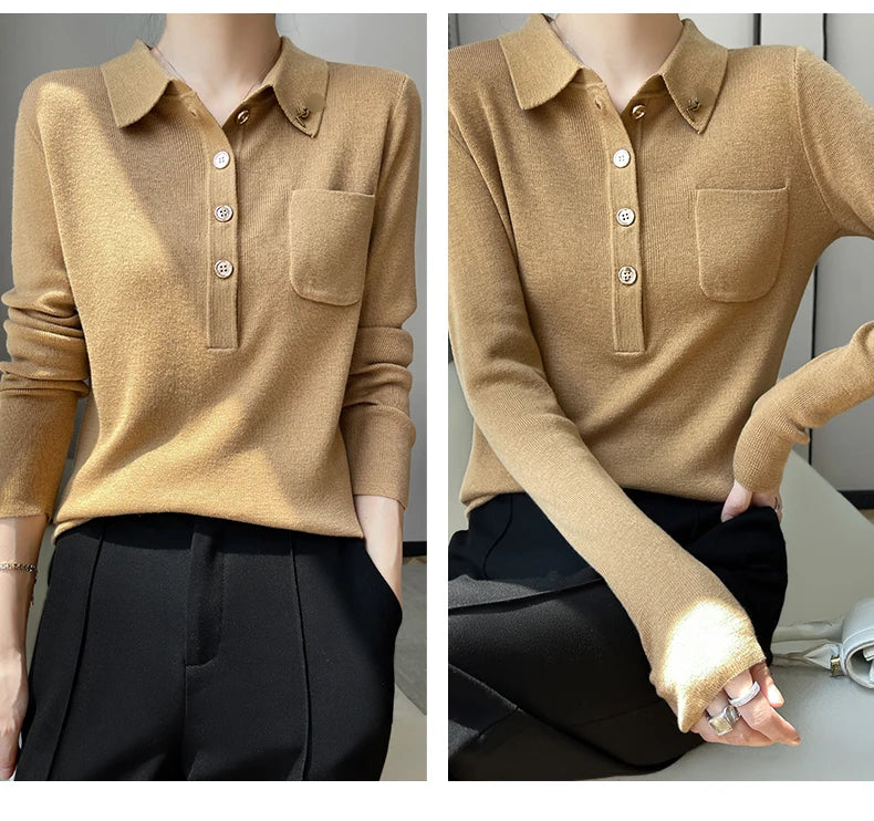 Women 100% Pure Merino Wool Soft Sweater Polo Collar Pullover Autumn Winter Casual Knit Tops Solid Color Regular Female Knitwear