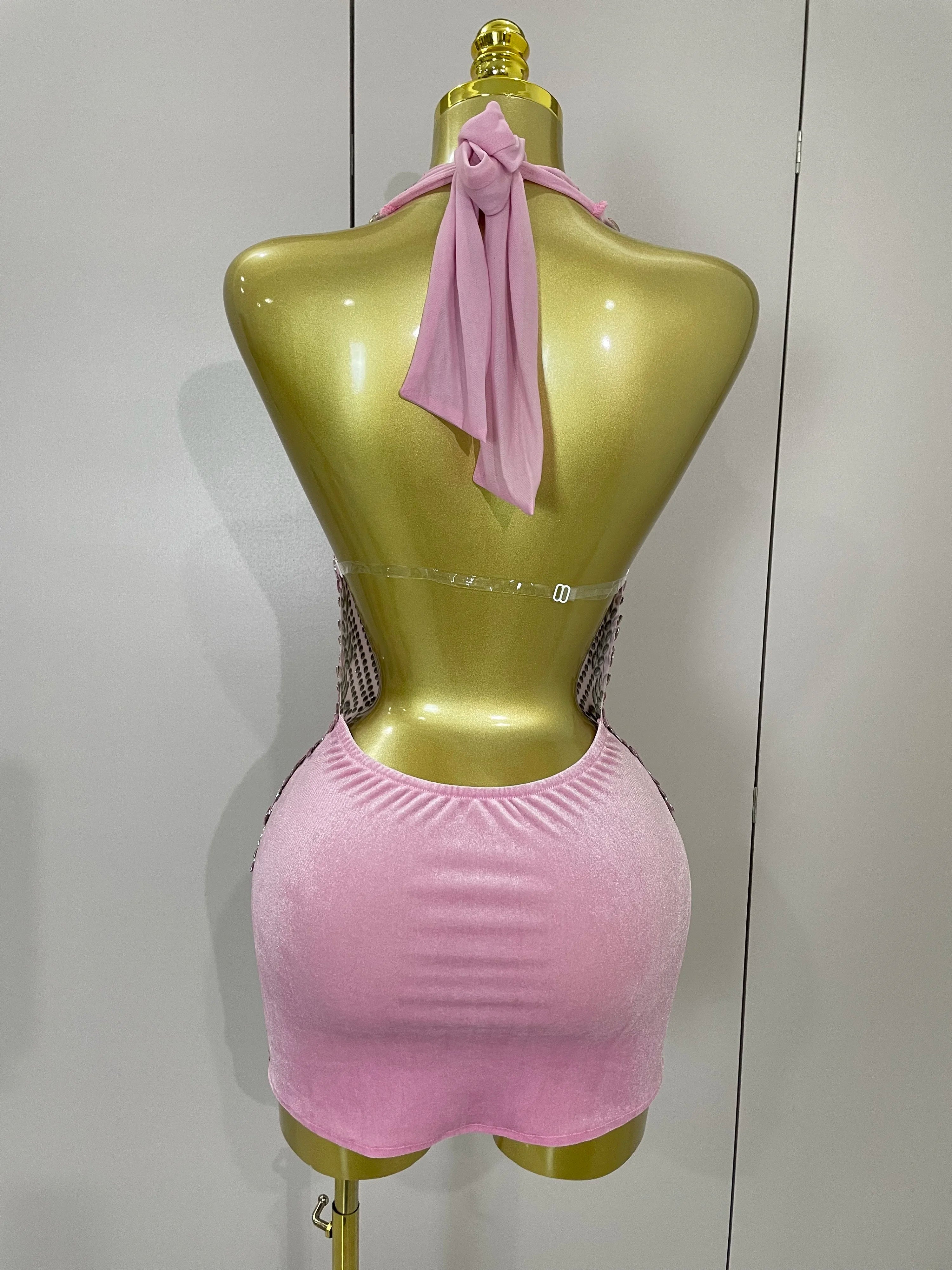 2025 New Sexy Sparkly Rhinestones Halter Backless Mesh Velour Short Dress Women Evening Prom Celebrate Birthday Party Stage Wear