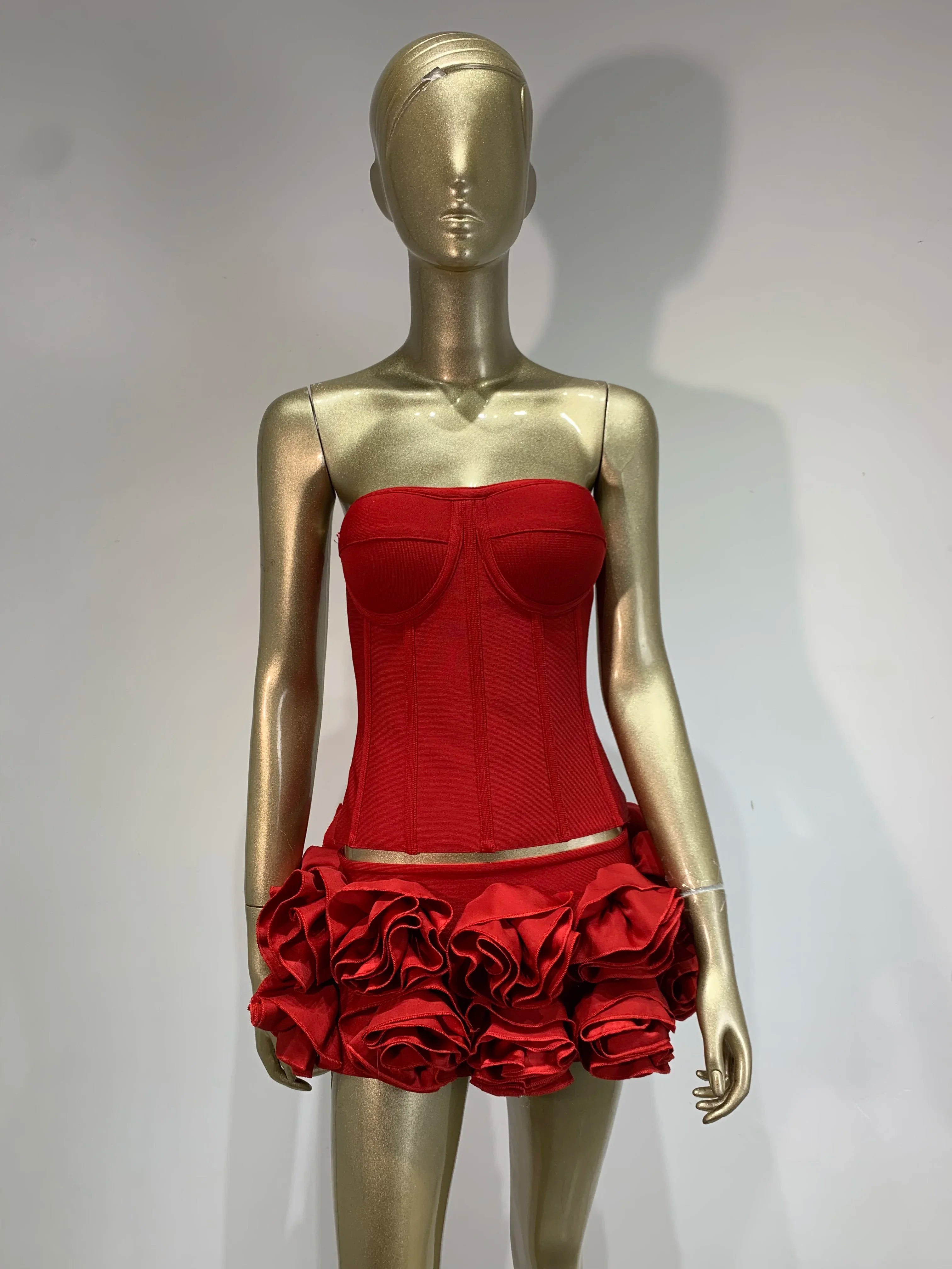 Women Red Bodycon Mini Bandage Outfits Club Party Strapless Laced Up Back Tops And Mini Short Skirts Two Piece Sets Nightwears