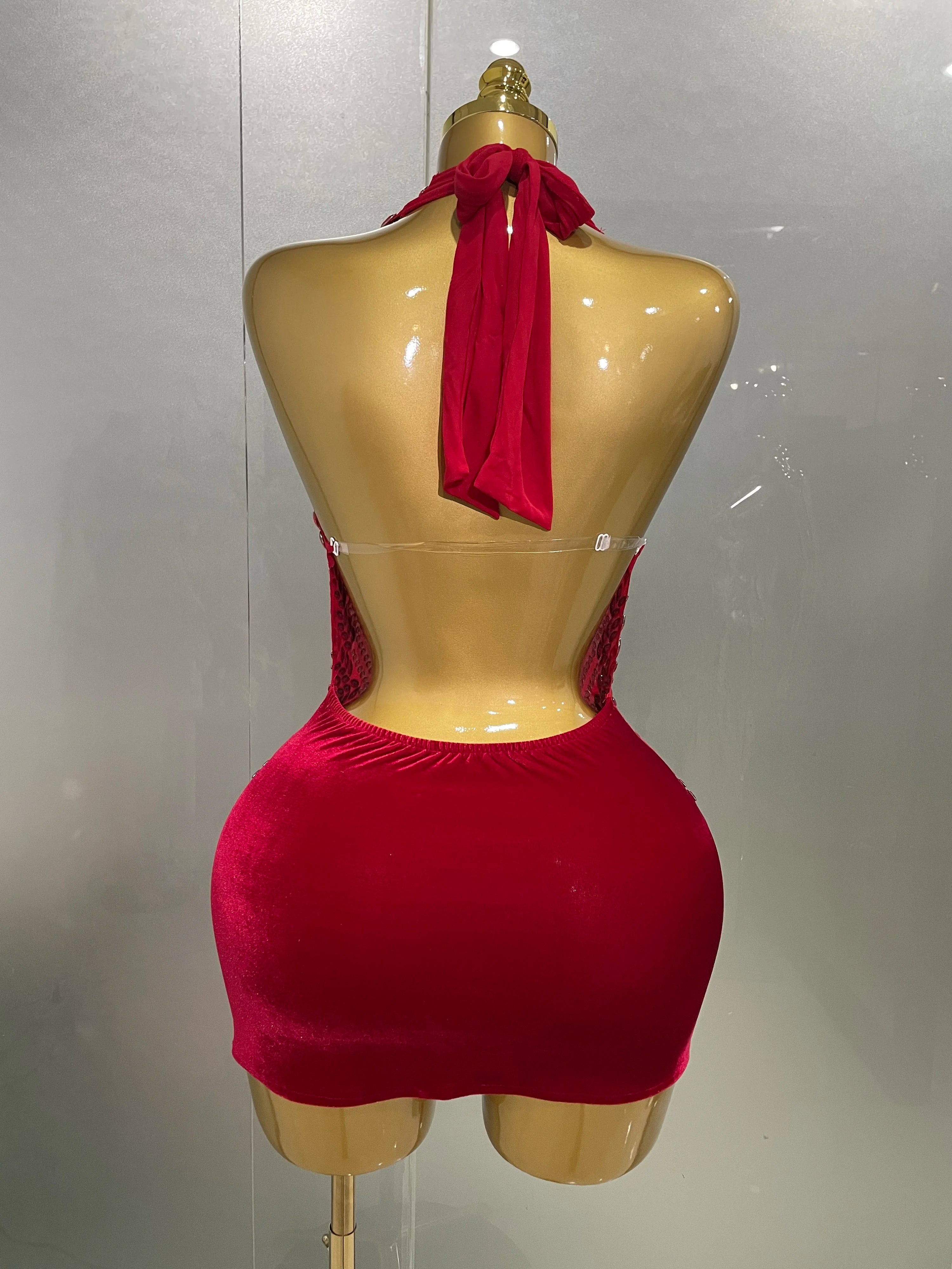 2025 New Sexy Sparkly Rhinestones Halter Backless Mesh Velour Short Dress Women Evening Prom Celebrate Birthday Party Stage Wear