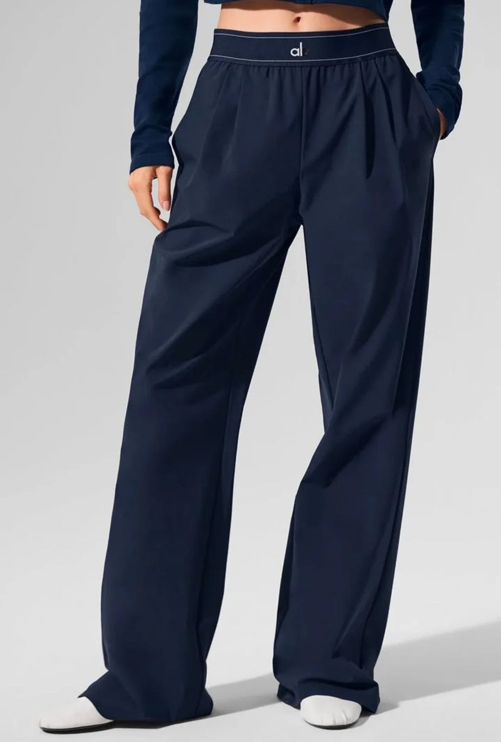 Elastic Waist Solid Fitness Joggers Trousers Women Yoga Sports Wide Leg Pants Women Thin Casual Loose Navy Blue Baggy Sweatpants