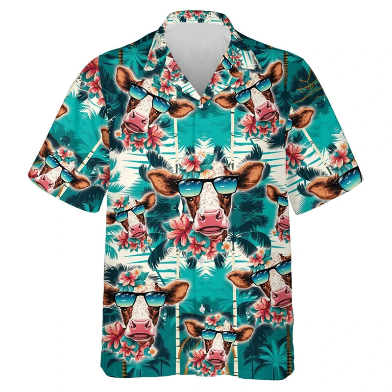 Funny Cool Cow Shirts Men's Clothing Lapel Button Shirt Hawaiian 3D Printed Casual Fashion Personality Pattern Trendy Blouse