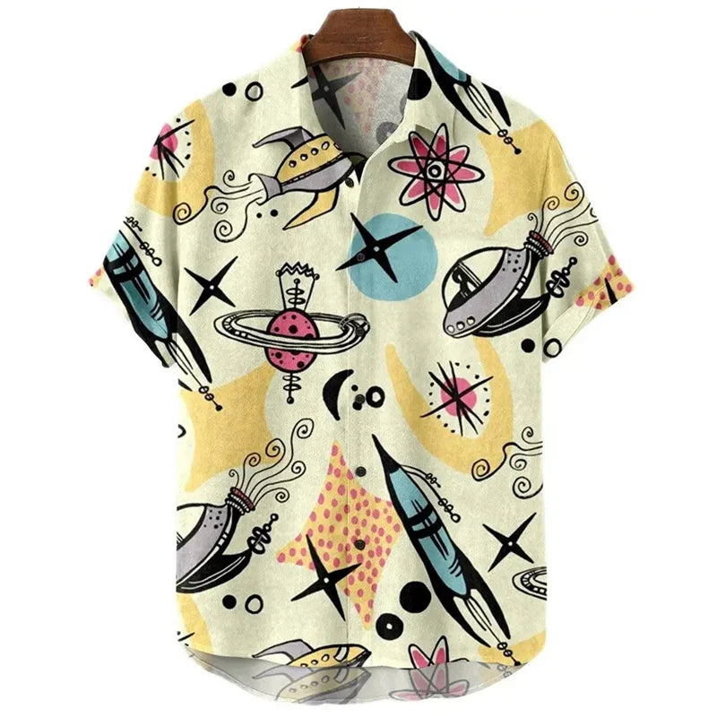 3D Printed Rocket Hawaiian Shirt For Men Cartoon Pattern Blouse Summer Casual Street Aloha Shirts Loose Short Sleeves Button Top