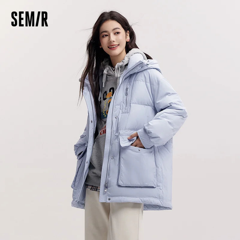 Semir Mid-Length Down Jacket Women Hooded Loose Fit Waist Cinching 2025 New Winter Minimalist Style