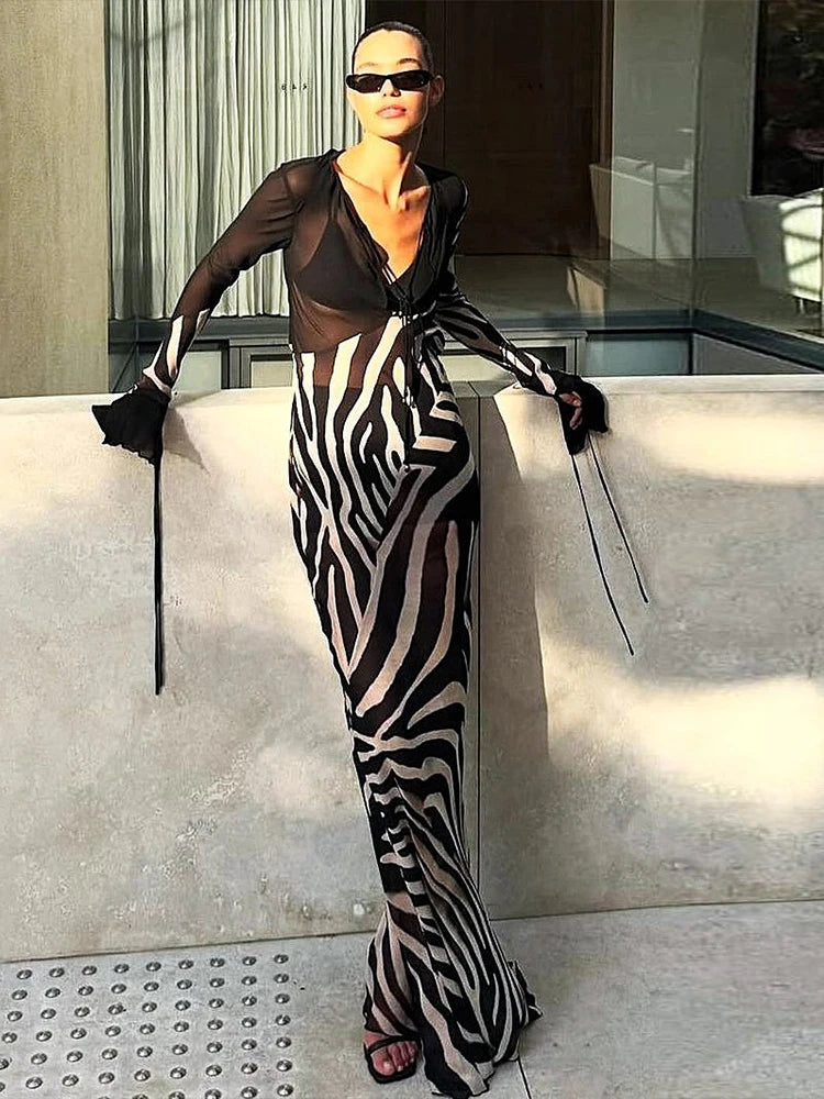 Cutenew Patchwork Print Women Dresses Elegant Vintage Low V-Neck Full Sleeve Straight Maxi Bodycon Female High Street Party Robe