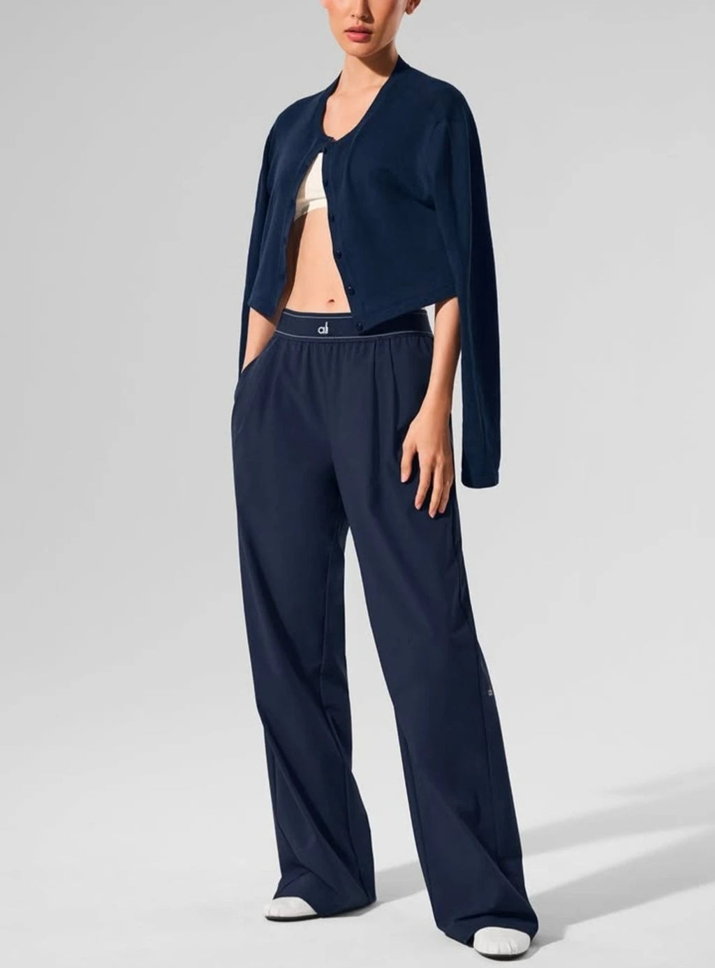 Elastic Waist Solid Fitness Joggers Trousers Women Yoga Sports Wide Leg Pants Women Thin Casual Loose Navy Blue Baggy Sweatpants