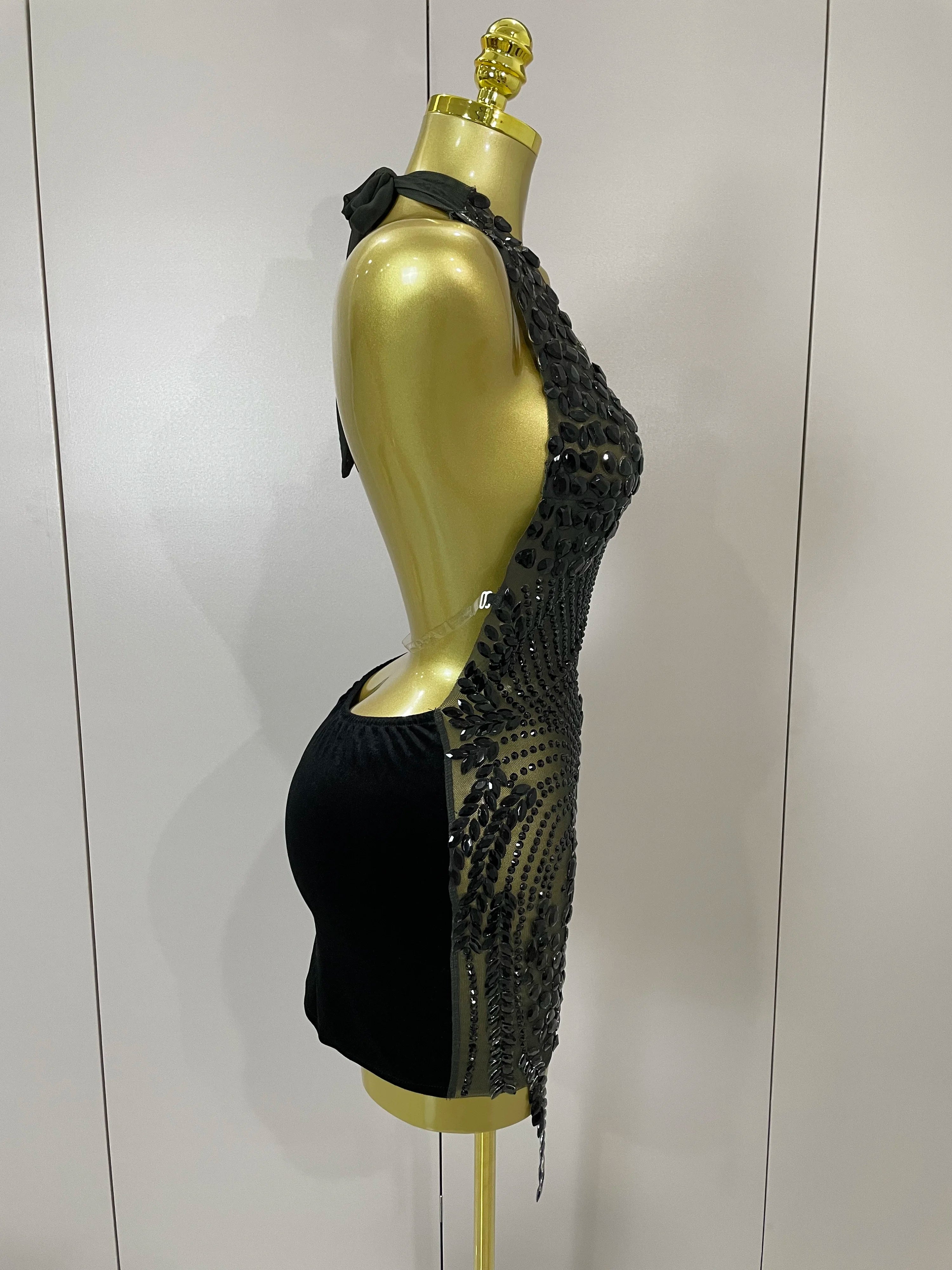 2025 New Sexy Sparkly Rhinestones Halter Backless Mesh Velour Short Dress Women Evening Prom Celebrate Birthday Party Stage Wear