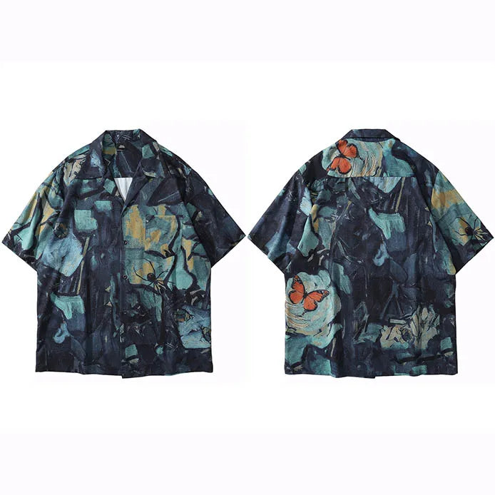 2025 Men Harajuku Hawaiian Shirt Hip Hop Streetwear Butterfly Painting Print Beach Shirt Summer Short Sleeve Aloha Shirt Casual