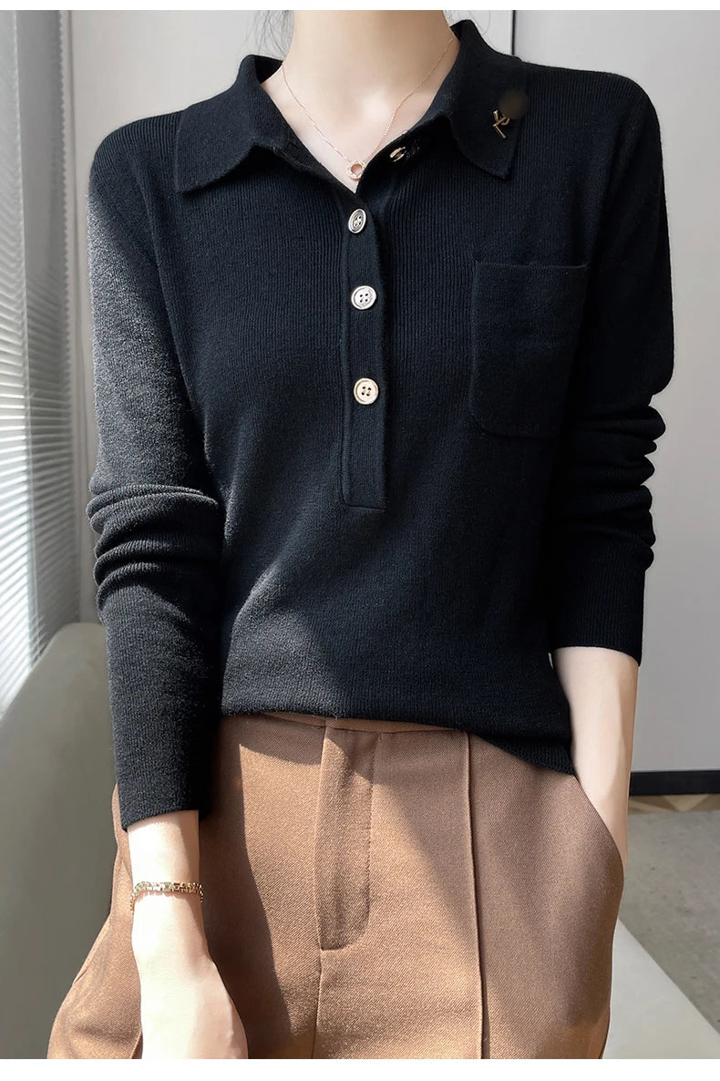 Women 100% Pure Merino Wool Soft Sweater Polo Collar Pullover Autumn Winter Casual Knit Tops Solid Color Regular Female Knitwear