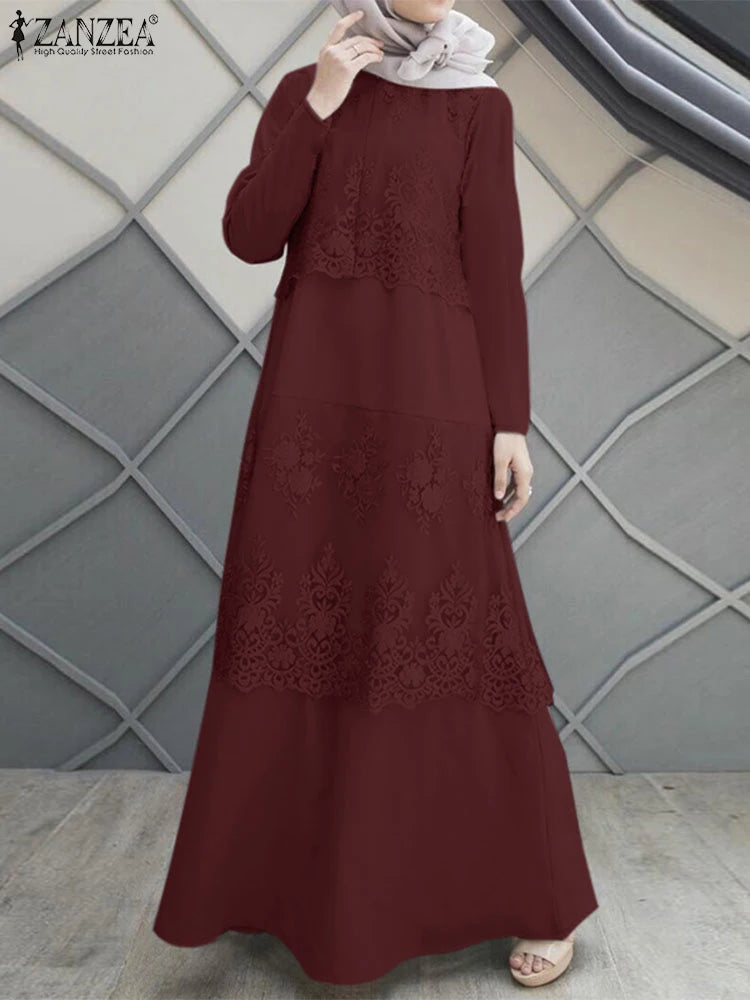ZANZEA Autumn Lace Patchwork Maxi Dresses Muslim Abaya Hijab Dress Women Long Sleeve O Neck IsIamic Robe Vestidos Kaftan 2025