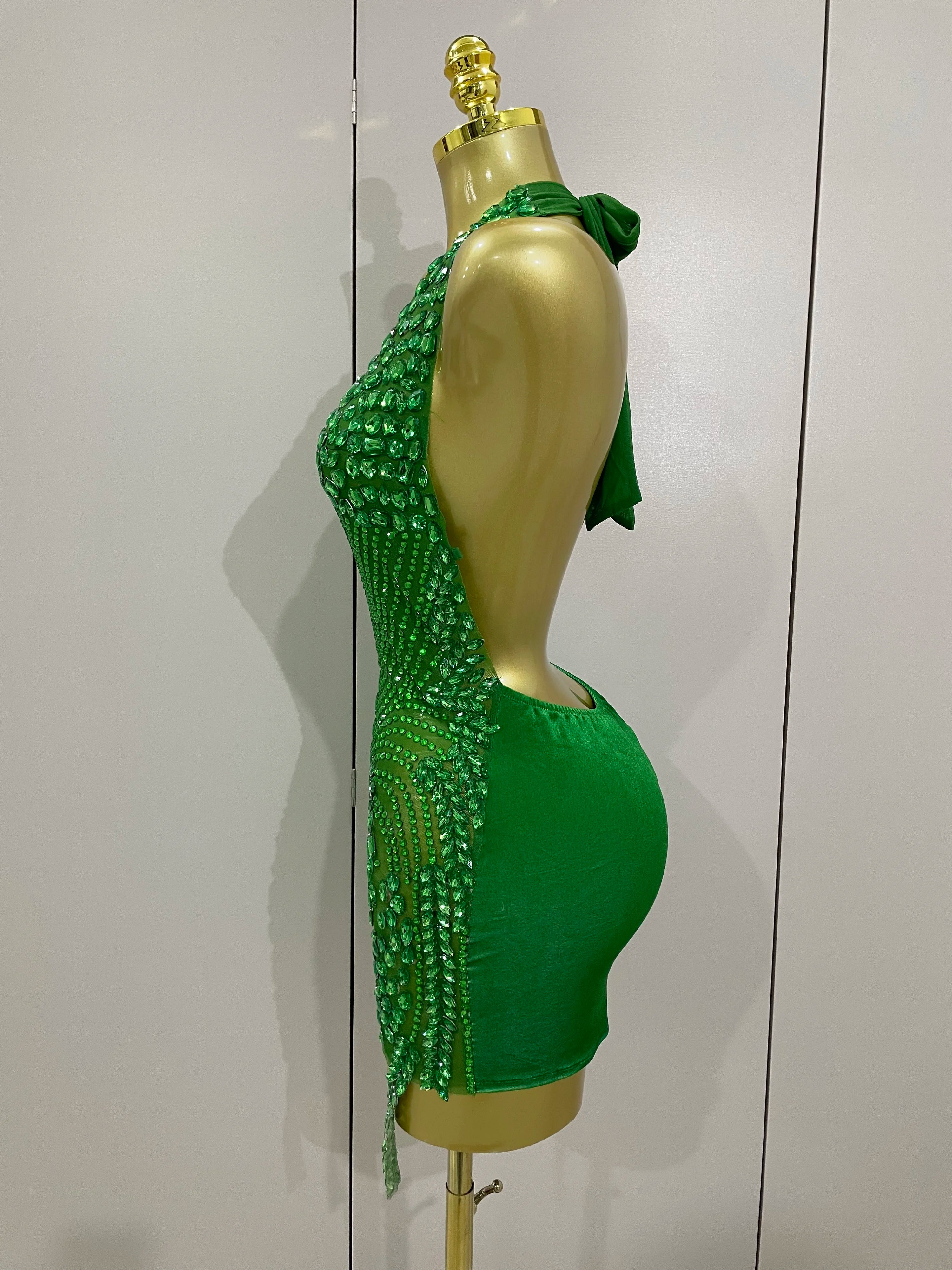 2025 New Sexy Sparkly Rhinestones Halter Backless Mesh Velour Short Dress Women Evening Prom Celebrate Birthday Party Stage Wear