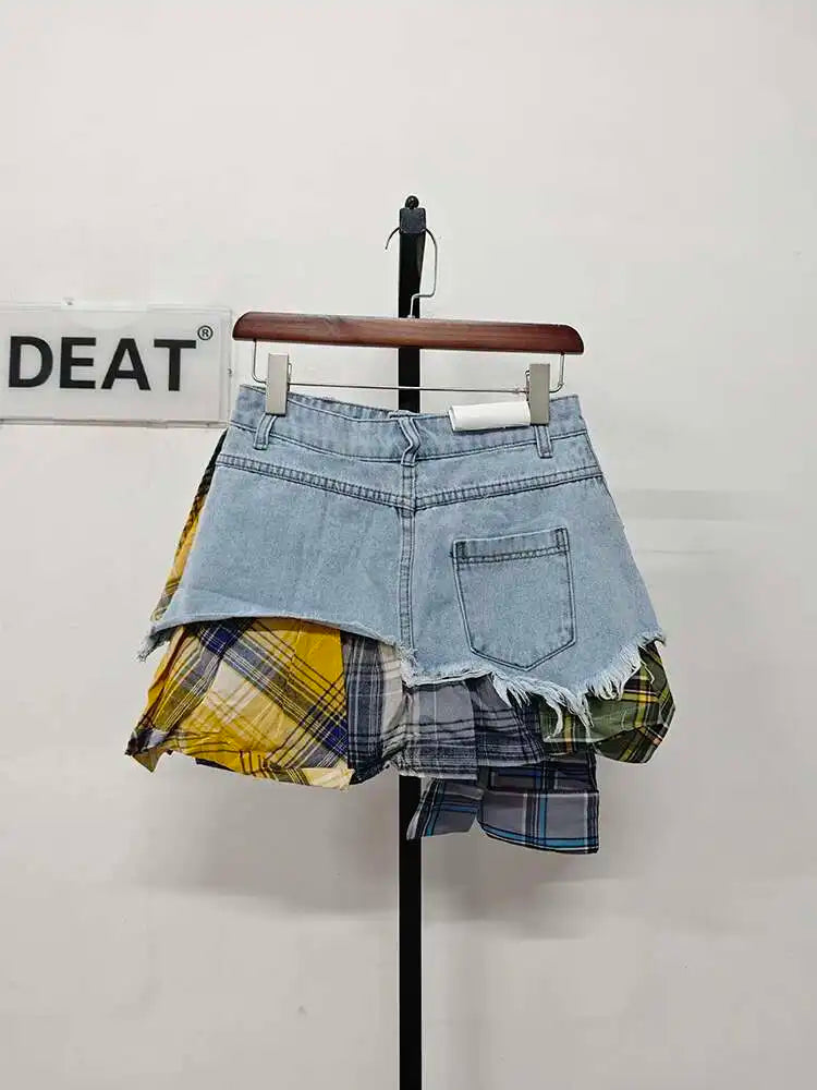 DEAT Women's Denim Skirt Colored Plaid Patchwork Irregular Deconstructed A-line High Waist Mini Skirt 2025 Summer New Fashion