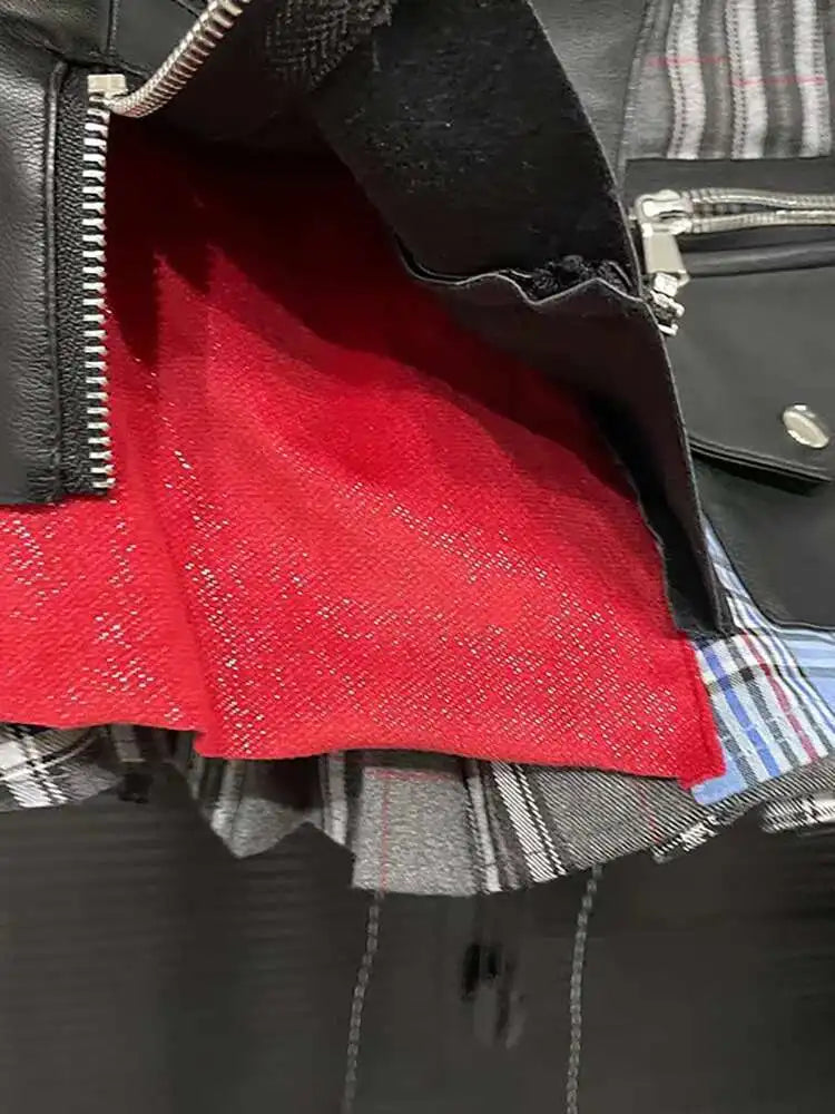 DEAT Women's Denim Skirt High Waist Pu Leather Patchwork Plaid Irregular Wrap Hip Mini Skirts 2025 Summer New Fashion 29L7565