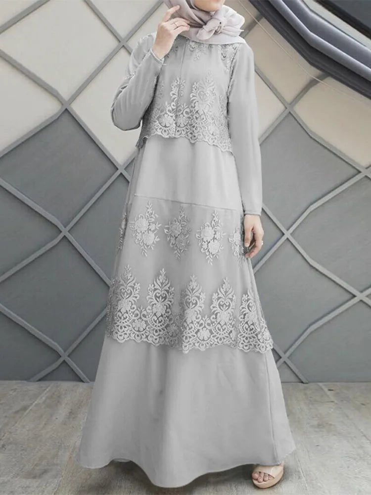 ZANZEA Autumn Lace Patchwork Maxi Dresses Muslim Abaya Hijab Dress Women Long Sleeve O Neck IsIamic Robe Vestidos Kaftan 2025
