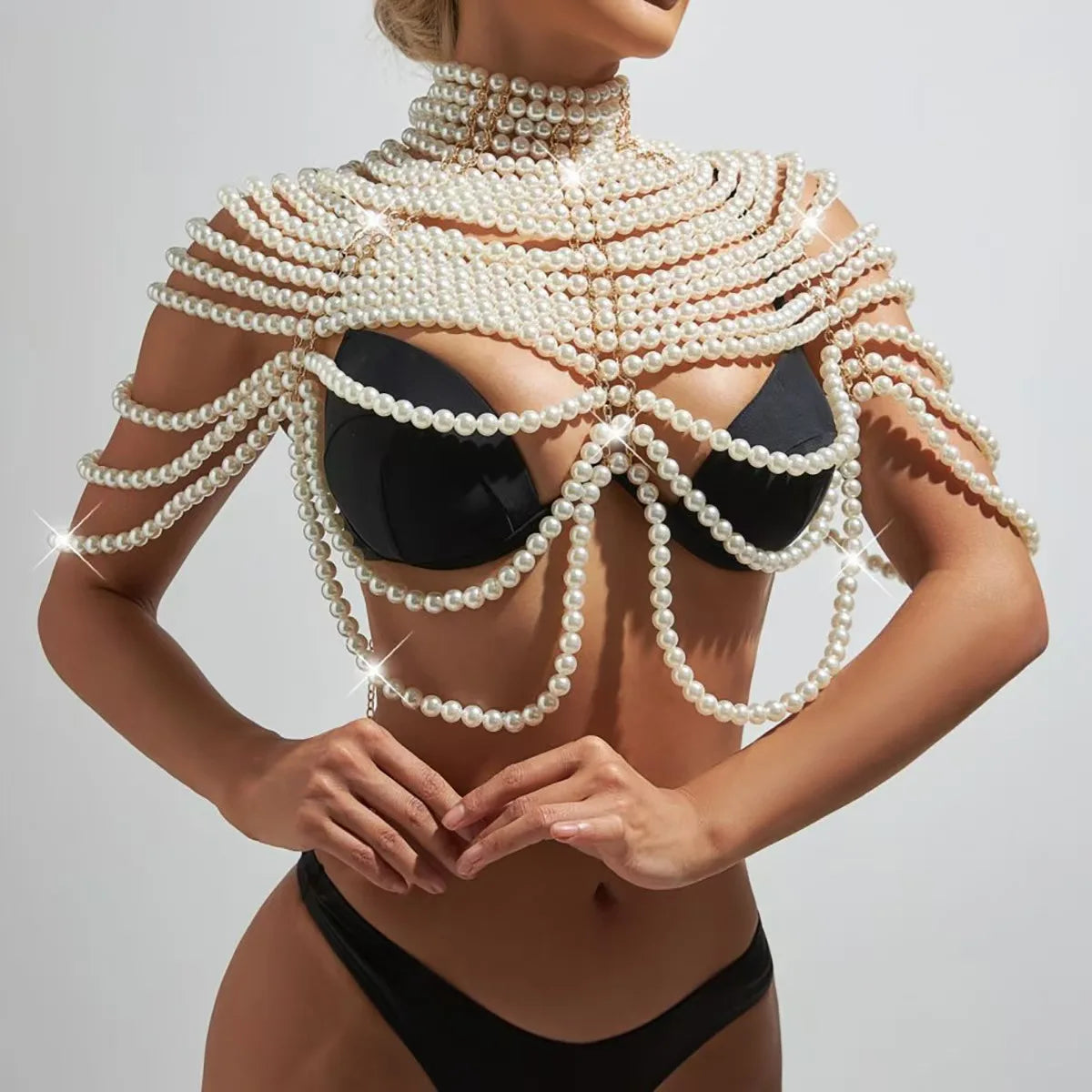 Sexy Women's Pearl Body Chains Bra Shawl Fashion Adjustable Size Shoulder Necklaces Tops Chain Wedding Dress Pearls Body Jewelry