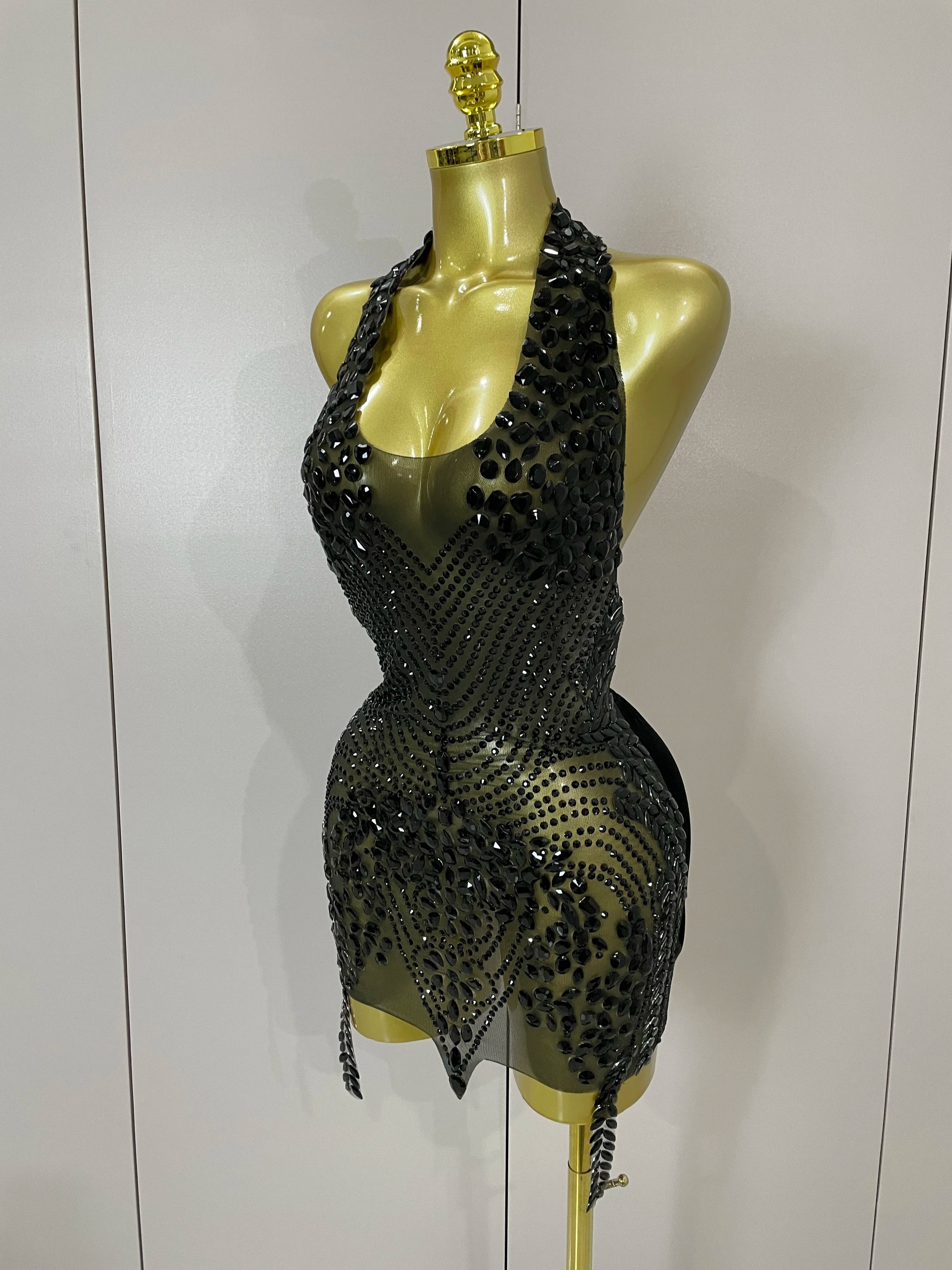 2025 New Sexy Sparkly Rhinestones Halter Backless Mesh Velour Short Dress Women Evening Prom Celebrate Birthday Party Stage Wear