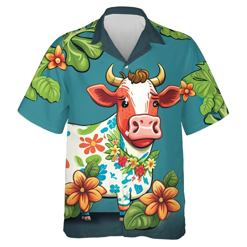 Funny Cool Cow Shirts Men's Clothing Lapel Button Shirt Hawaiian 3D Printed Casual Fashion Personality Pattern Trendy Blouse