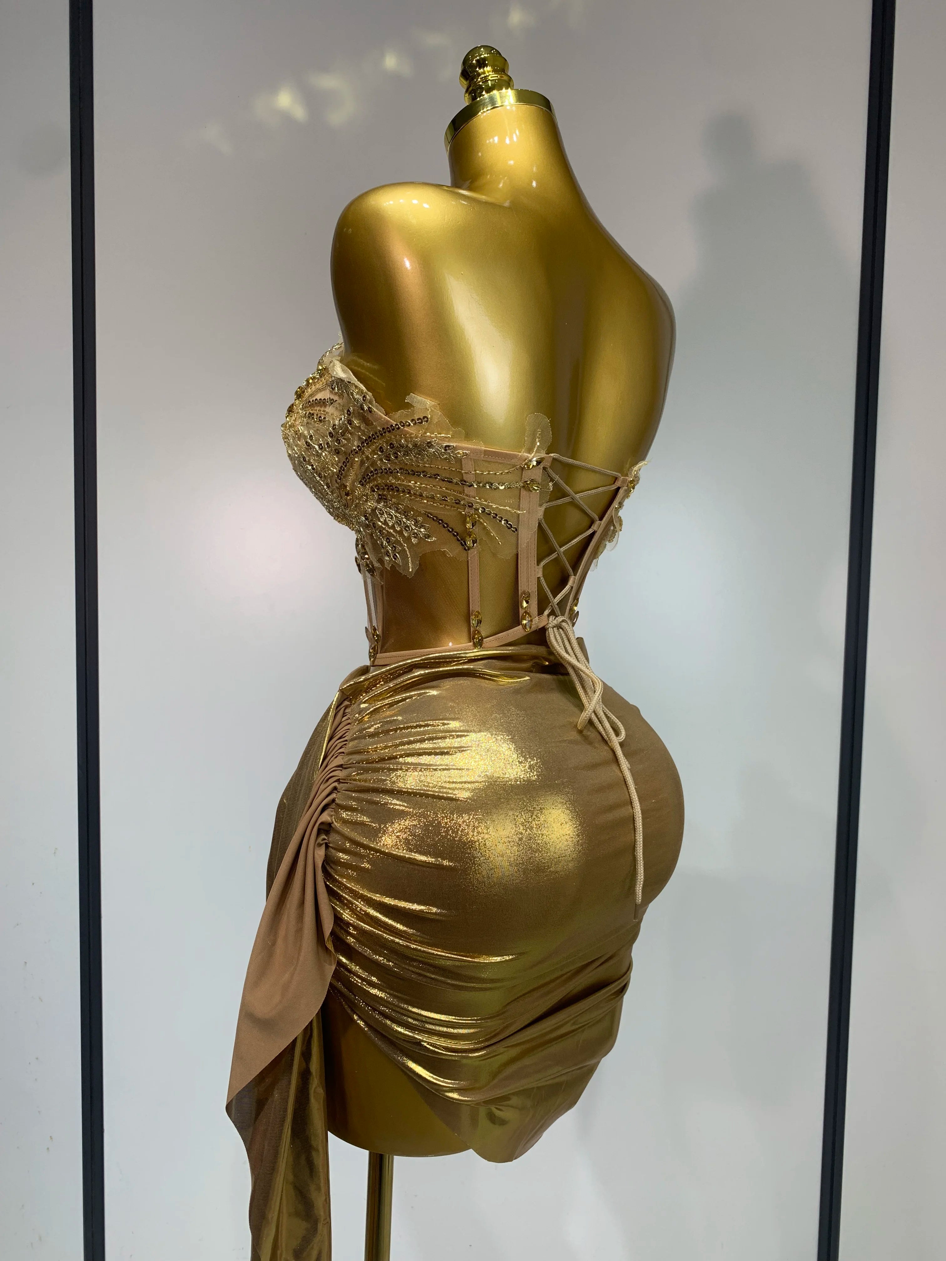 Women Sexy Strapless Sequins Rhinestone Gold Dress Glitter Top Two Pieces Sets Birthday Evening Party Club Singer Stage Outfit