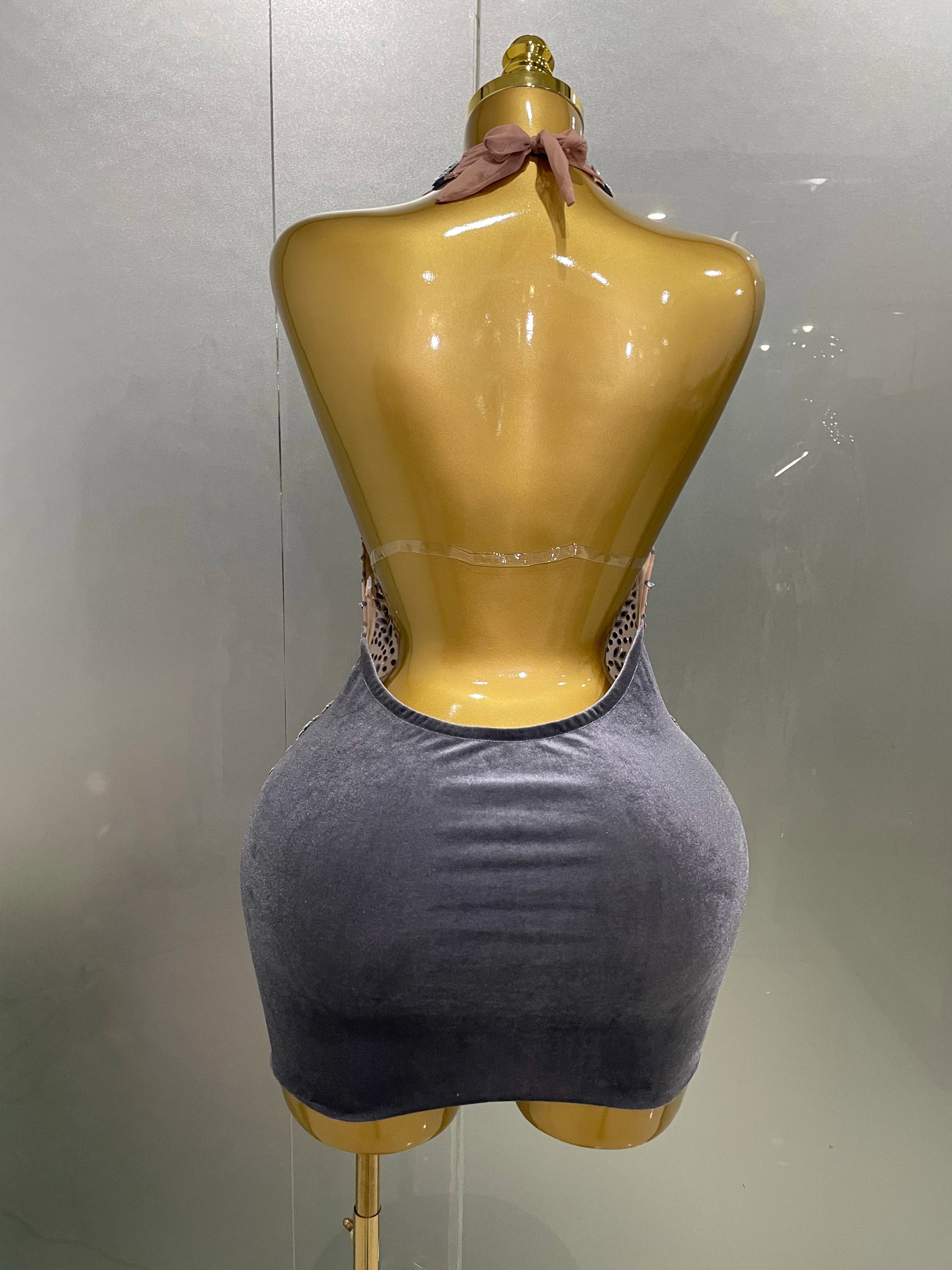 2025 New Sexy Sparkly Rhinestones Halter Backless Mesh Velour Short Dress Women Evening Prom Celebrate Birthday Party Stage Wear