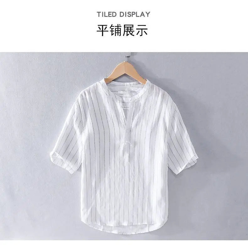 Fashionable Men's Tops Loose and Versatile Striped Stand Collar Short-sleeved Shirt for Men's Summer Fresh Breathable Pullover