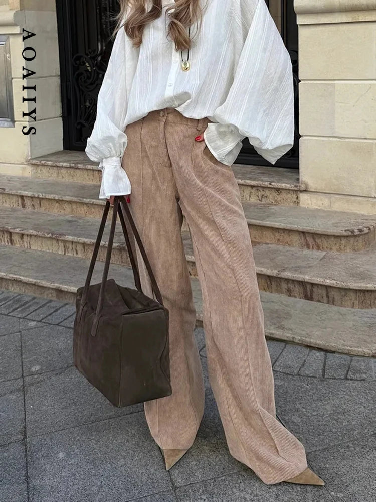 Aoaiiys Pants Women's Corduroy Cotton Vintage Trousers High Waist Wide Leg Pants Autumn Winter New Fashion Chic Casual Trousers
