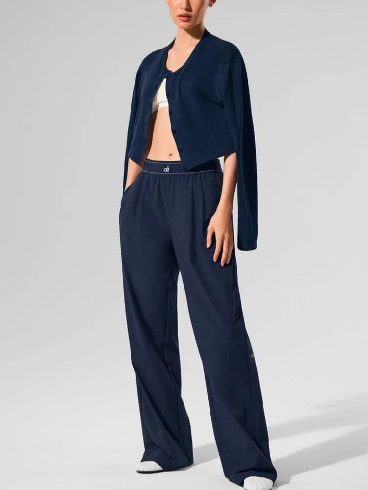 Elastic Waist Solid Fitness Joggers Trousers Women Yoga Sports Wide Leg Pants Women Thin Casual Loose Navy Blue Baggy Sweatpants