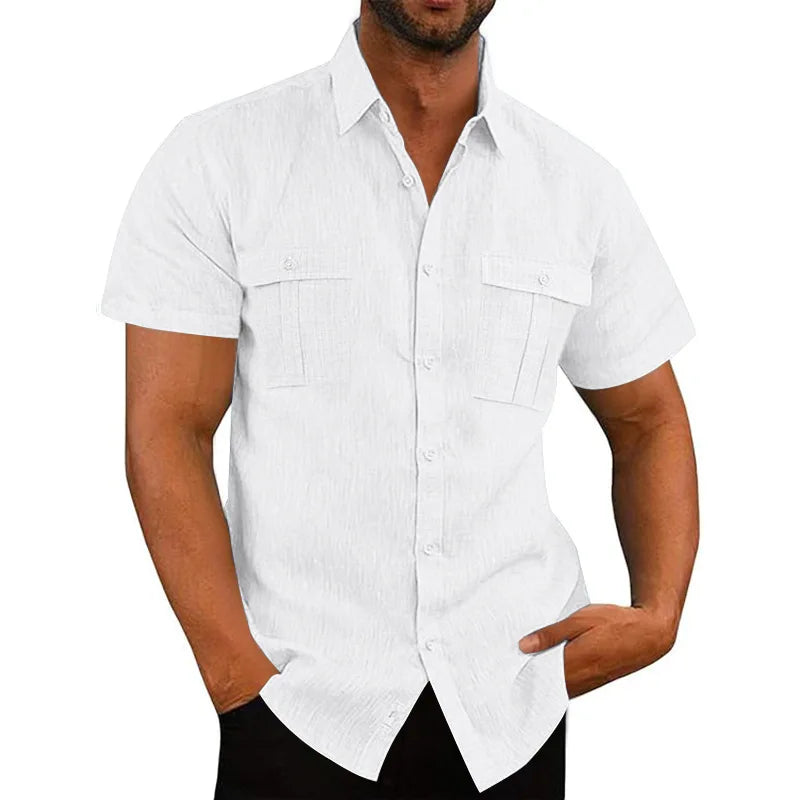 Men's Cotton Linen Short-Sleeved Shirt Summer Solid Color Stand-Up Collar Casual Beach Style plus Size S-5XL